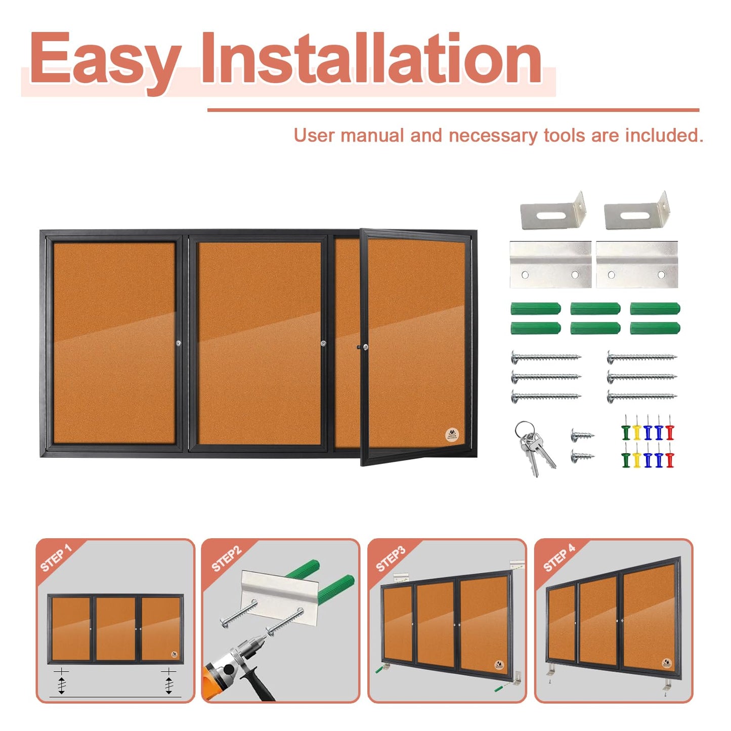 Enclosed Bulletin Board Lockable,3 Doors Weatherproof Outdoor Noticeboard with Locking Door, Wall-Mounted Aluminum Framed Presentation Board, 70x36 Inch