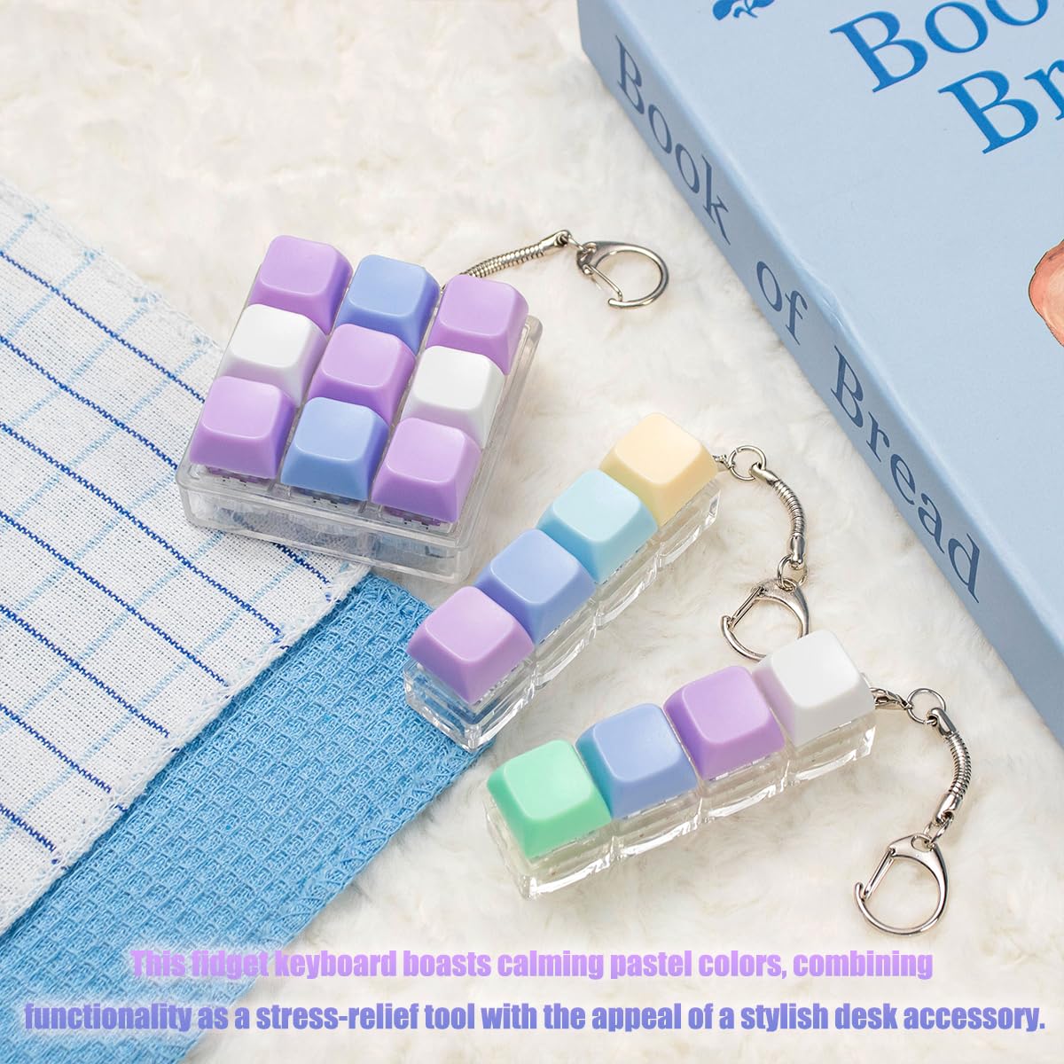 3 Pcs Keyboard Fidget Toy, Purple Loud Fidget Keyboard Keychain 4-in-1 Keyboard Clicker Fidget Toy Stress Relief, 9Key Fidget Clicker Toys for Anxiety Decompression, Purple