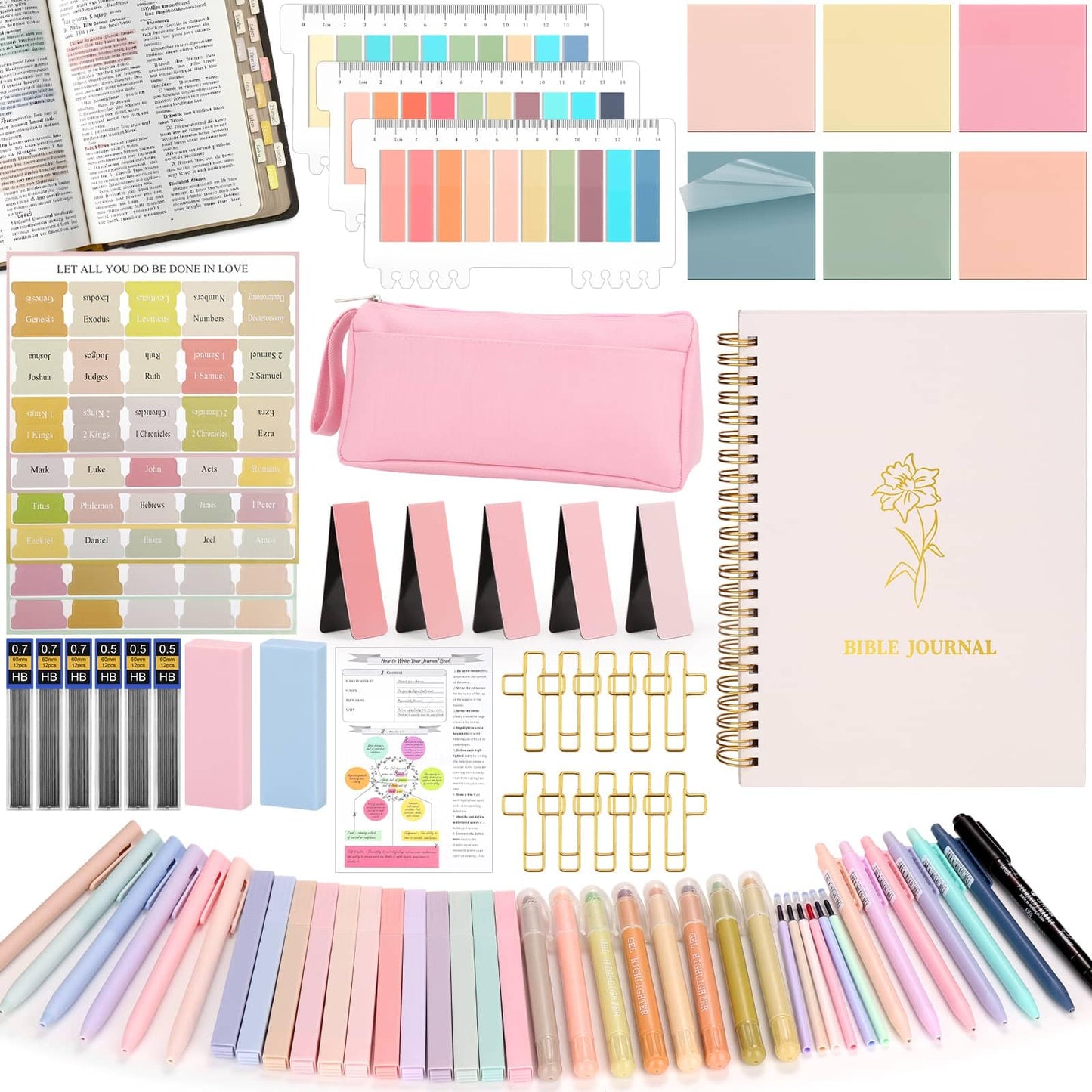 Flasoo 106 Pack Bible Study Supplies Journaling Kit for Women, Church Journal Note Taking Annotation Kit, Tabs and Highlighters Set with Pencil Case and More Bible Accessories Christian Gift