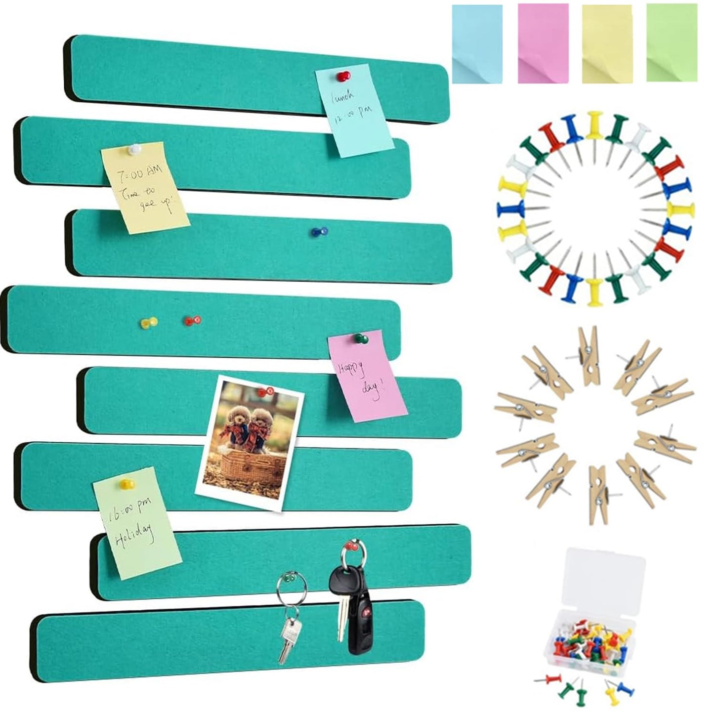 Vuzvuv 8 pcs Bulletin Board Bar Strips with 50 Pushpins & 10 Wooden Clip pins，Self Adhesive Cork Board for Wall，Felt Pin Board for School，Office Decor(Turquoise)