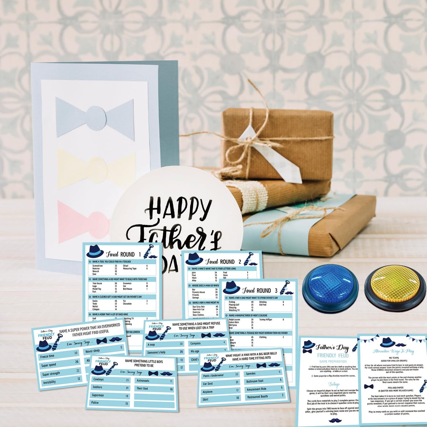 OXEDP Father's Day Games, Friendly Feud Game with Buzzers, Family Games for Father's Day, Family Feud Quiz, Fathers Day Party Ideas Blue Decoration -FGWB01
