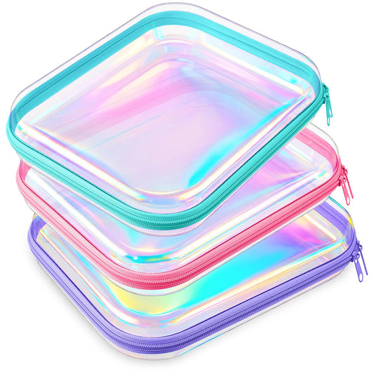 Hoolerry 3 Pcs Clear Hard Zipper Case Hard Plastic Zipper Pouch Makeup Bag Portable Travel Organizer for Cosmetics, Office Supplies, Documents & Toiletries(Laser,M)
