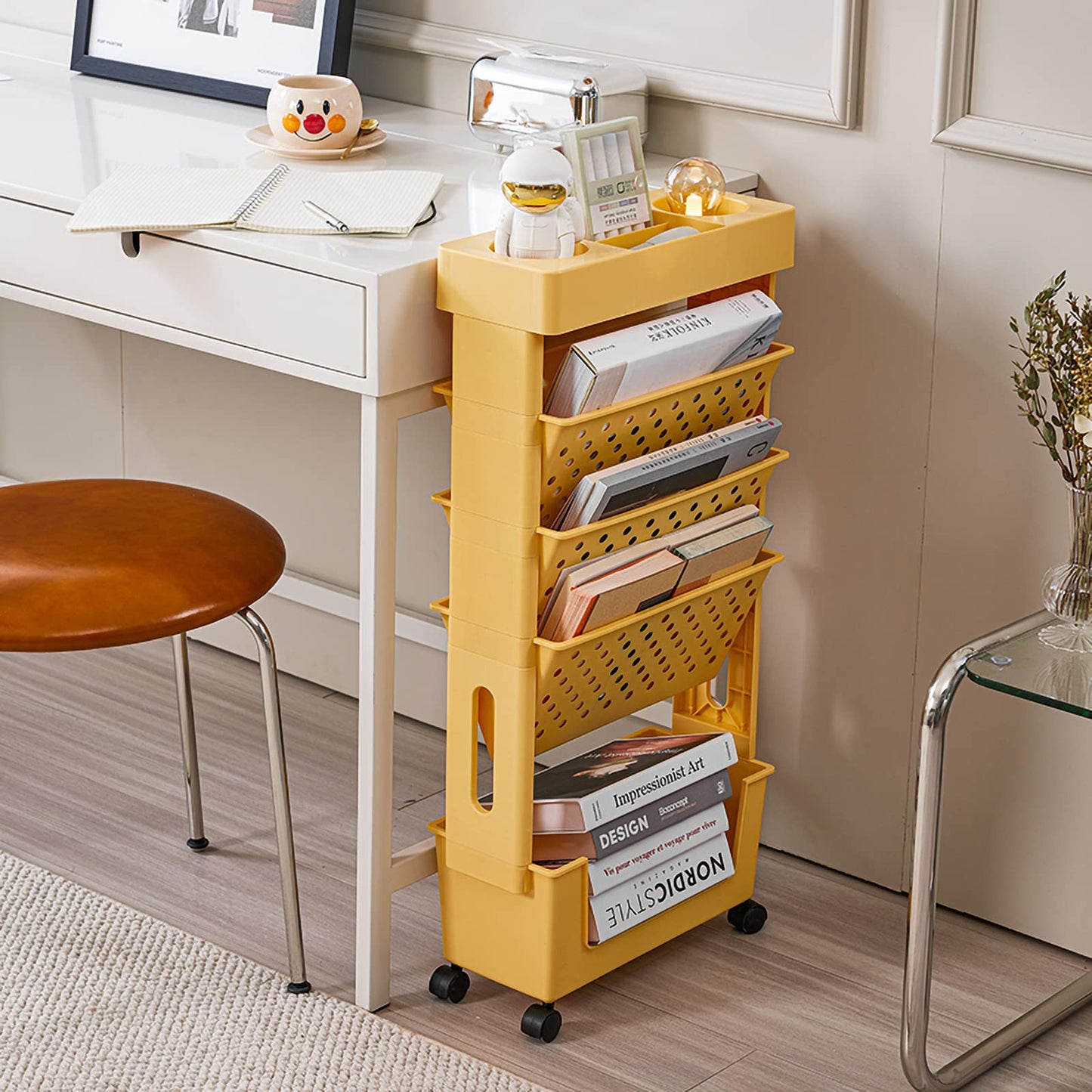 CINPIUK Yellow Rolling Office Paper Organizer, Mobile Book Cart Document Folder File Storage with Pen Holder, Slim Rolling Storage Cart Movable Bookshelf for Office, Dorm, Classroom, Nursery