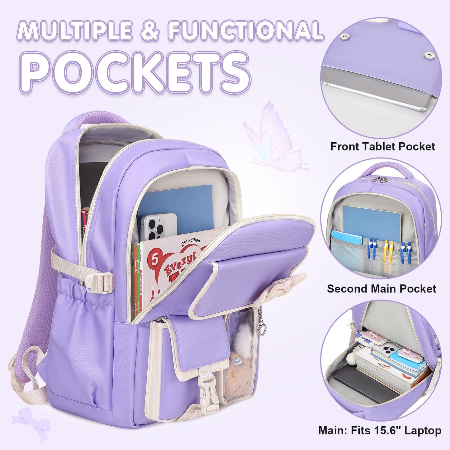 GeeWin Girls Backpack for School with Lunch Box & Pencil Case Set, 17 Inch Waterproof Cute Bow Girls Bookbag for Kids, Teens, Elementary Middle High College School Student (Purple/Beige)