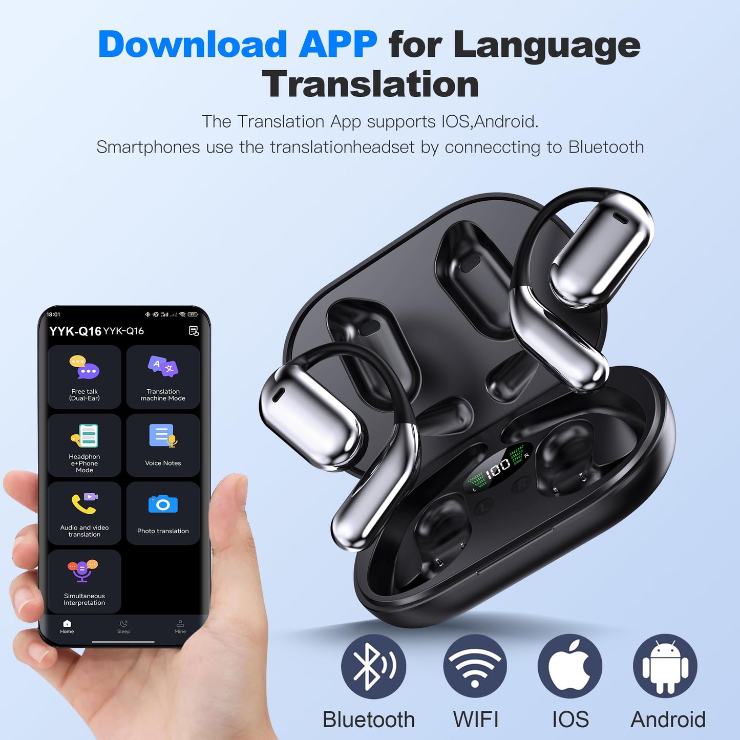 Real-Time AI Translation Earbuds, Open-Ear Audifonos Traductores Inglés Español Two-Way Translator Headphones, Bluetooth Wireless Earhooks for Business, Travel, Learning, Meetings (Light Beige)