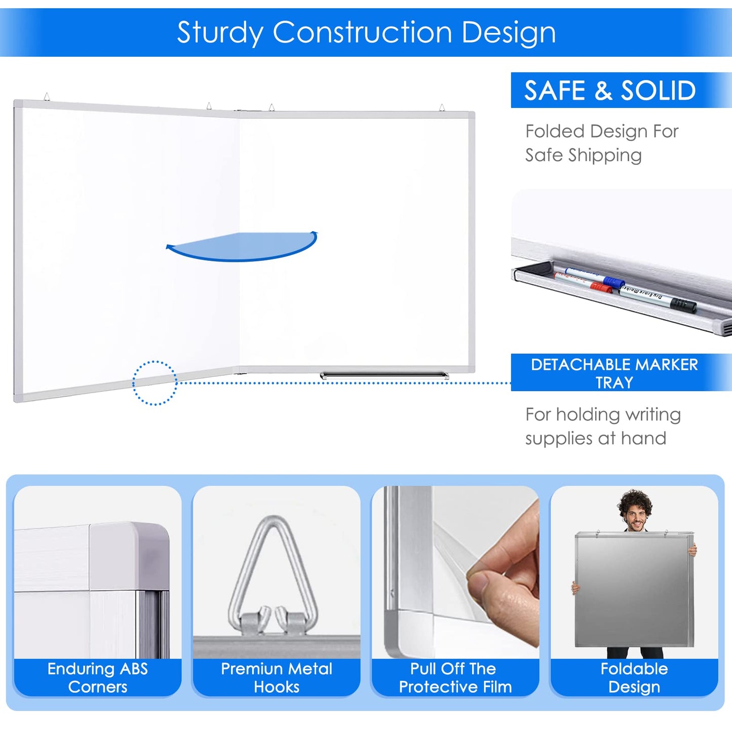 White Board Dry Erase 60 x 36，maxtek Large Magnetic Whiteboard 5' X 3' Dry Erase Board Foldable with Long Marker Tray for Wall-Mounted Aluminum Memo Board Supplies for Class Office & Home