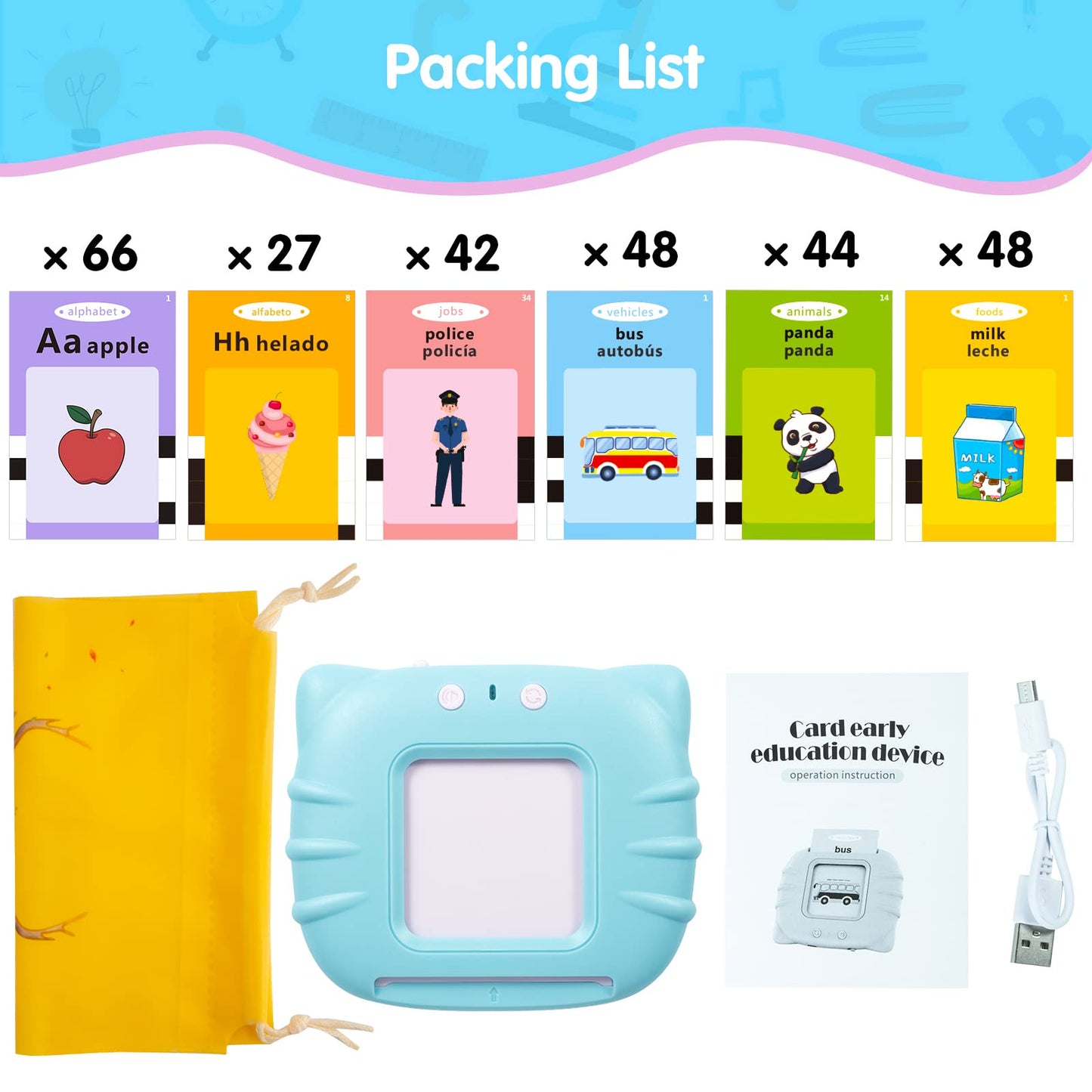 QuTZ ABC Learning Flash Cards for Toddlers 2-4 Bilingual Spanish English, Autism Toys, Speech Therapy Toys, Educational Learning Talking Sight Words Flash Cards for Boys and Girls, 275 Sight Words