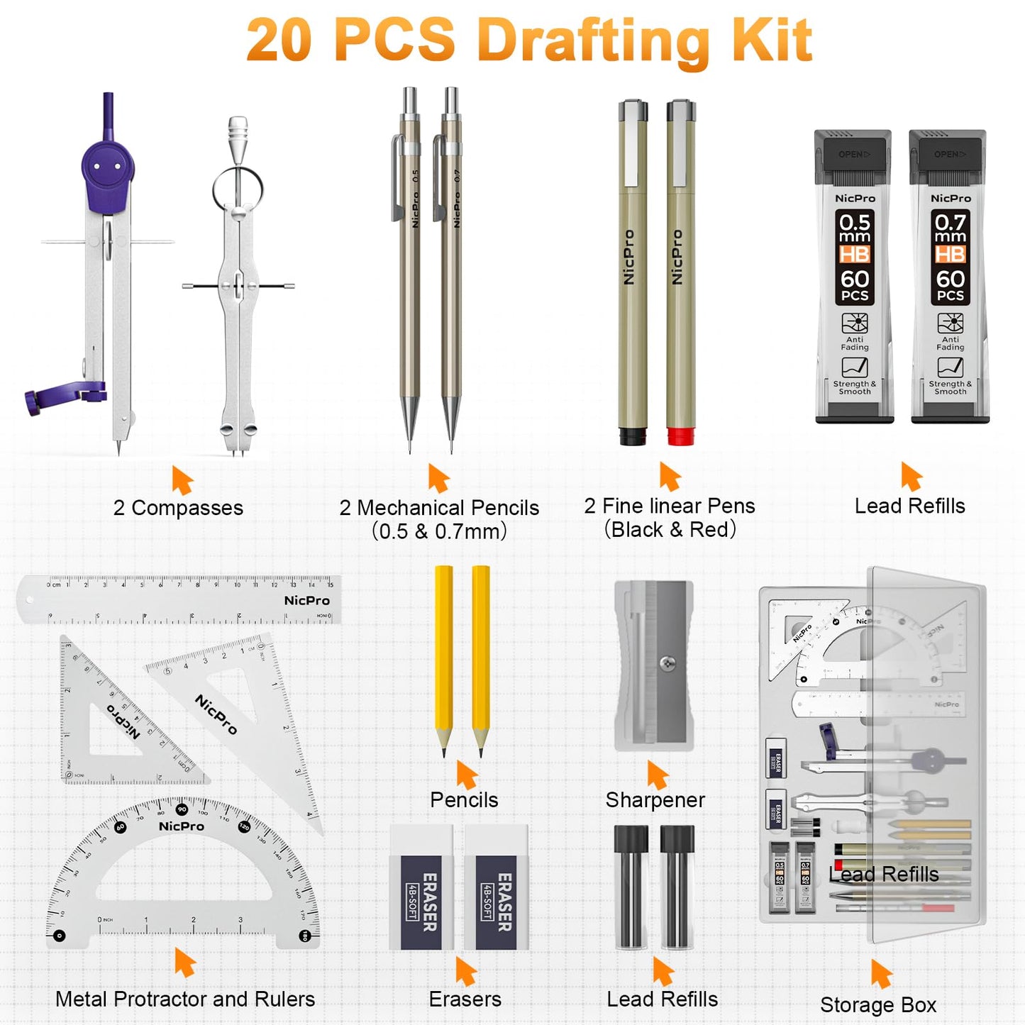 Nicpro 20PCS Professional Geometry Set with Case, Drafting Tools with Protractor and Compass, Metal Rulers, Triangles, Pens, Pencils, Drawing Supplies, Drafting Kit for Architect Engineer Students
