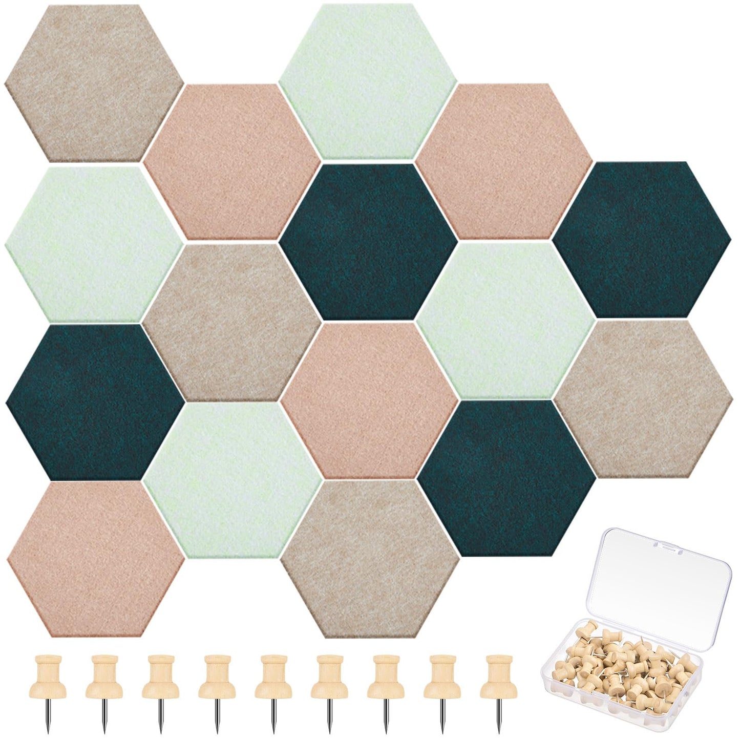 Mindsoft 16 Pcs Hexagon Cork Board for Walls with 50 Wooden Push Pins 6.7 x 5.9 in Felt DIY Tiles Notice with Nano Tape Hanging Bulletin Board for Home Photo Office Memo Note (Green)