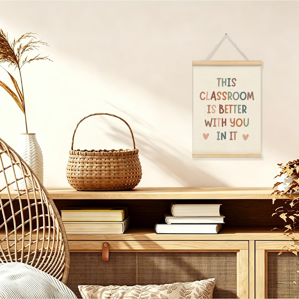 STHTTSW Boho Classroom Decor for Teacher Poster Hanger with Wooden Frame, Teacher Classroom Decor, Nursery Classroom Welcome Sign Positive Affirmations Wall Art, Back to School Decor 12x16 Inch