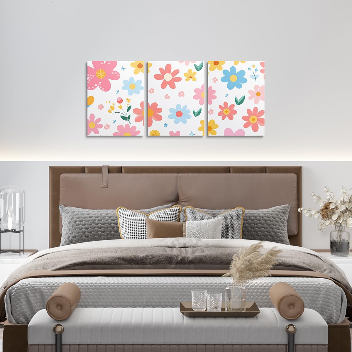 Feelyou Cute Flower 3 Piece Canvas Wall Art for Living Room Bedroom Cartoon Cute Floral Office Decor Artwork Yellow Pink Wall Art for Home Decor Kawaii Picture Posters