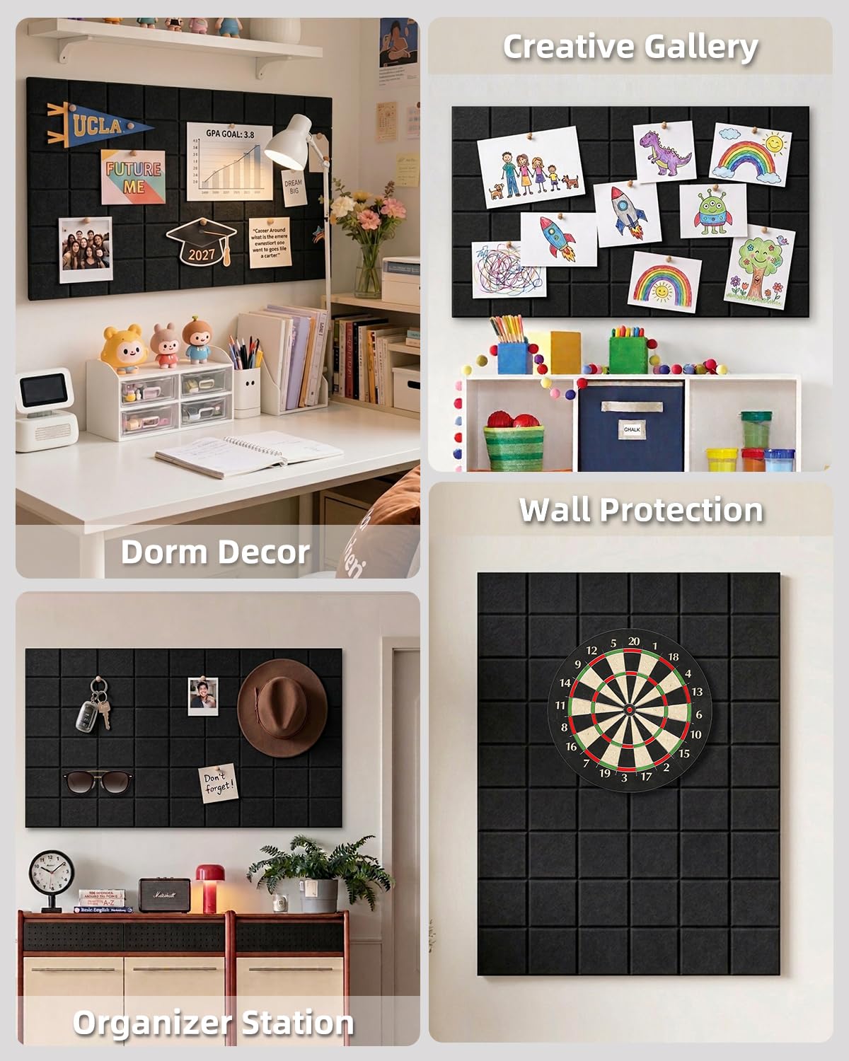 Large Felt Bulletin Board - 36" x 24" Self-Adhesive Felt Wall Tiles, Cork Boards Alternative, 6 Pack with 30 Wooden Pushpins, Cork Boards for Walls, Office & Home Decor, Push Pin Board - Black