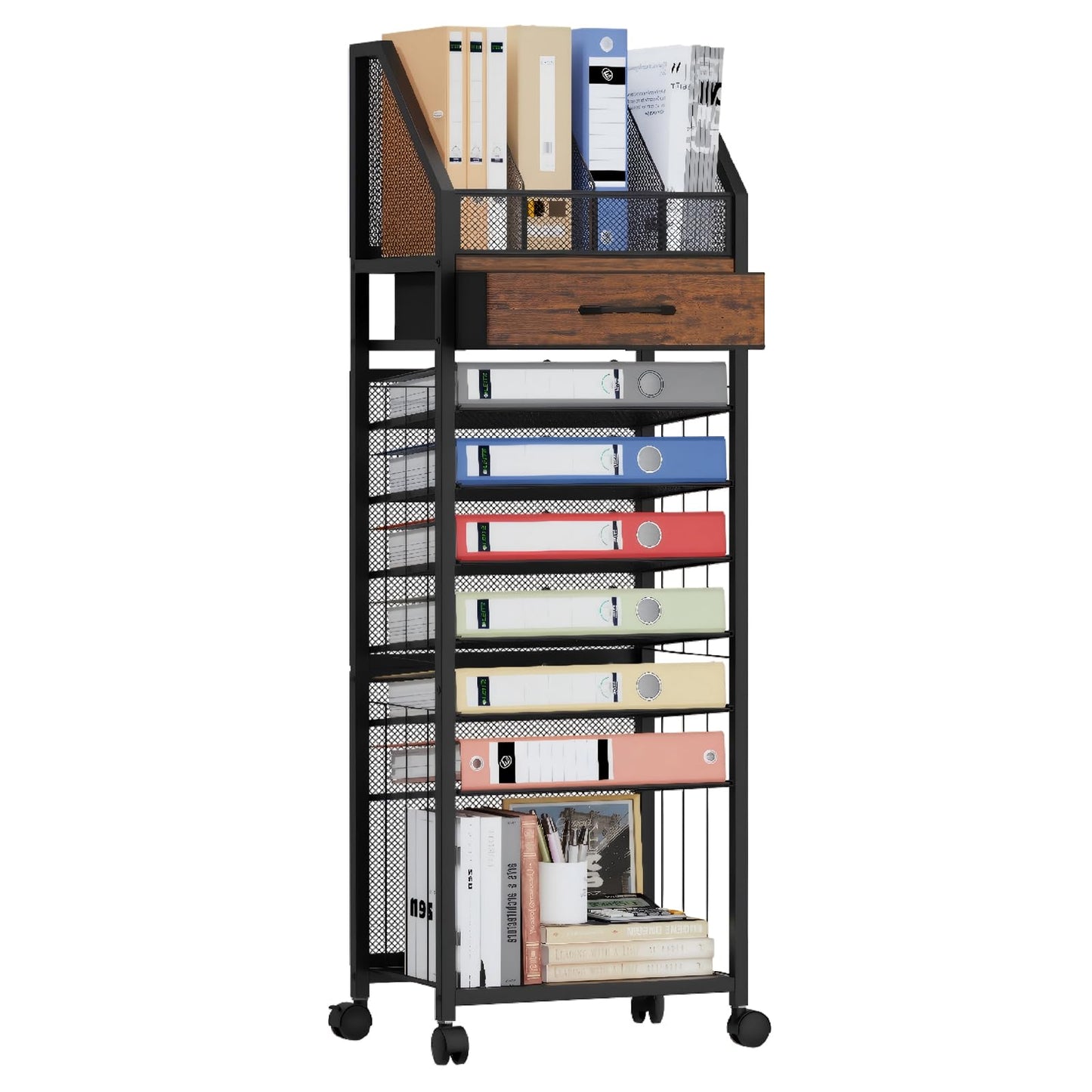 SWTYMIKI 9-Tier Rolling File Cart - Paper Organizer with Drawer and Trays, Wood Desk Office Organizer, Office Organization and Binder Storage for Workspace, Home, School, Espresso