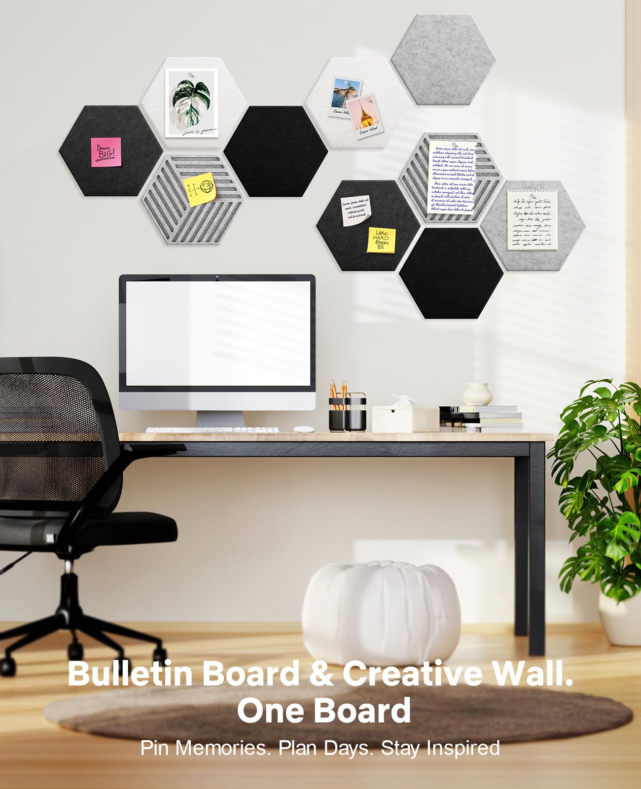 Hexagon Large Cork Bulletin Board Tiles, Peel and Stick Felt Wall Panels for Vision, Message Center, Picture and Prayer Board for Office, Dorm, Room and Desk Decor(Concrete Echo)