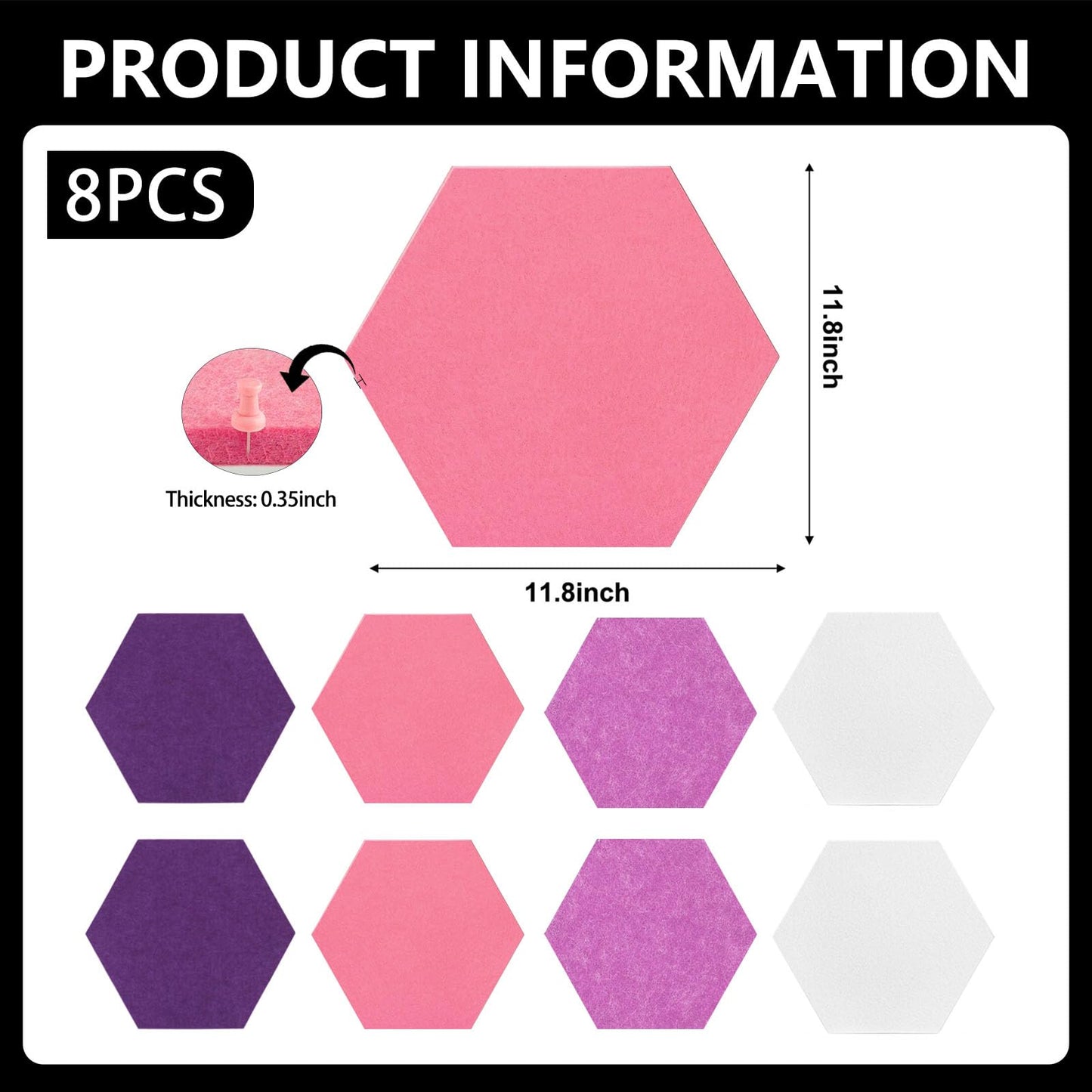 8 Packs White Purple Pink Hexagon Felt Pin Board, 12" Bulletin Board with 30 Push Pins, Felt Board for Home Kitchen Office Decor, Self-Adhesive Corkboard Tiles for Walls Message Photos Memos Display