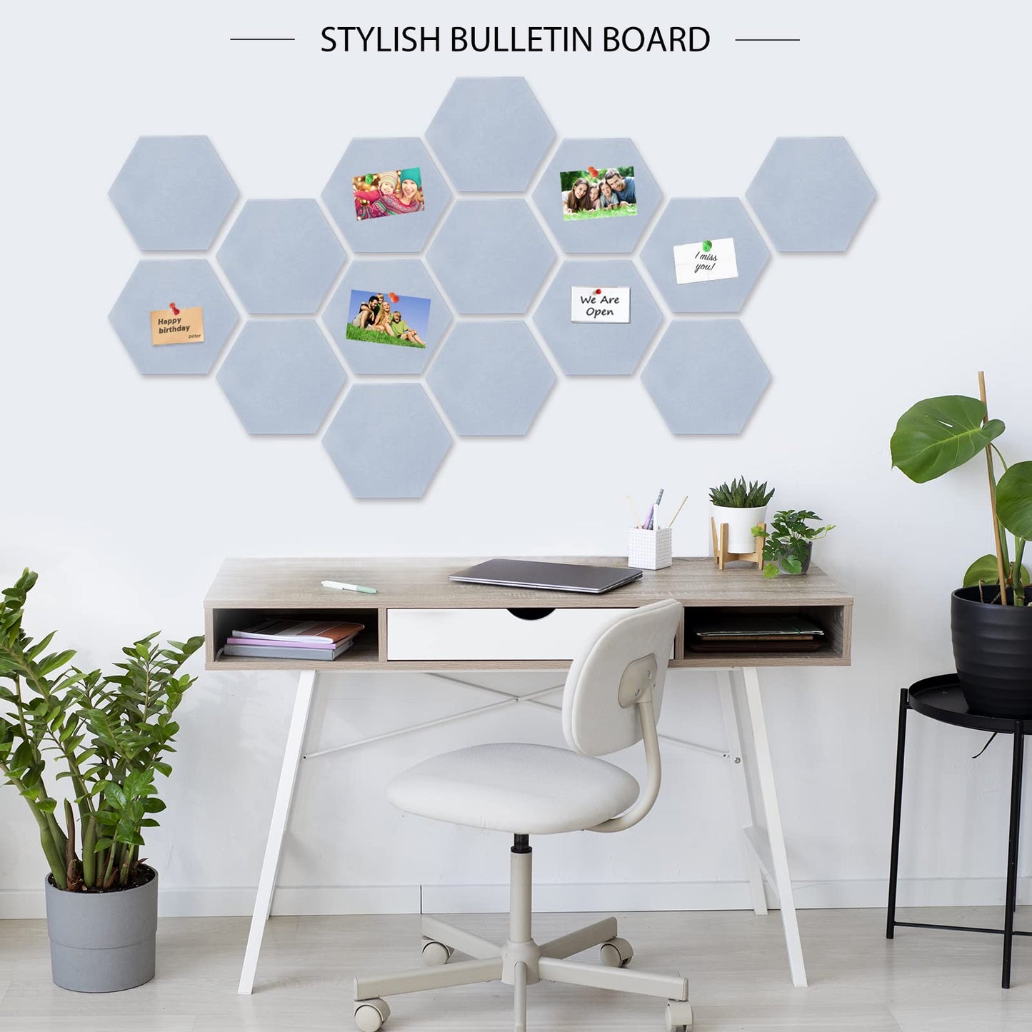 BXI Large Hexagon Felt Bulletin Board - 14.2 X 12.3 X 0.4 Inches 6 Pcs Self-Adhesive Poster Cork Board with 30 Push Pins, Pin Tiles Display Vision Board, Photo Picture Panels for Home Office Classroom
