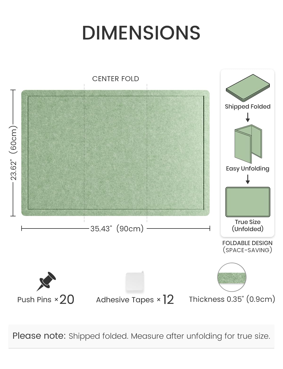 Fluxynara Bulletin Board,35.4" x 23.6" Cork Board Alternative with 12 Safe Removable Adhesive Tabs, Foldable Felt Pin Board for Home Office, Classroom, Bedroom,Entryway for Walls—Moss Green