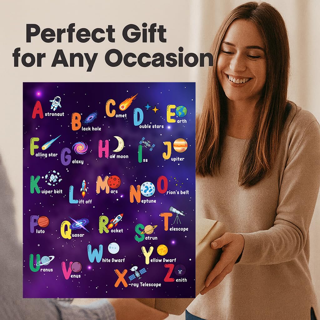 ZUKIY Alphabet Space Learning Poster - Space Alphabet Poster for Kids - Outer Room Decor - Abc Solar System Print for Toddler Boys or Girls Bedroom Nursery Classroom Homeschool Wall Art 8x10 Unframed