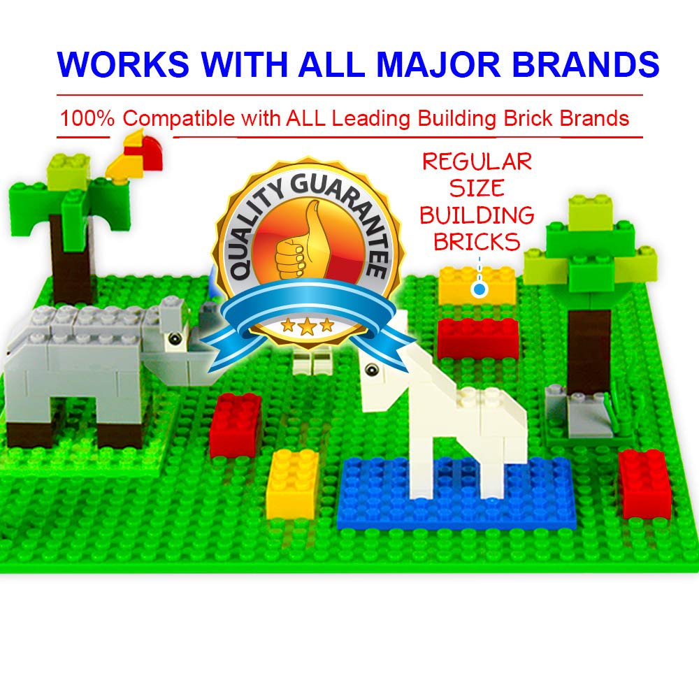 Brickyard Building Blocks Lego Compatible Baseplate - Pack of 4 Large 10 x 10 Inch Base Plates for Toy Bricks, STEM Activities & Display Table - Green, Blue, Gray, Sand