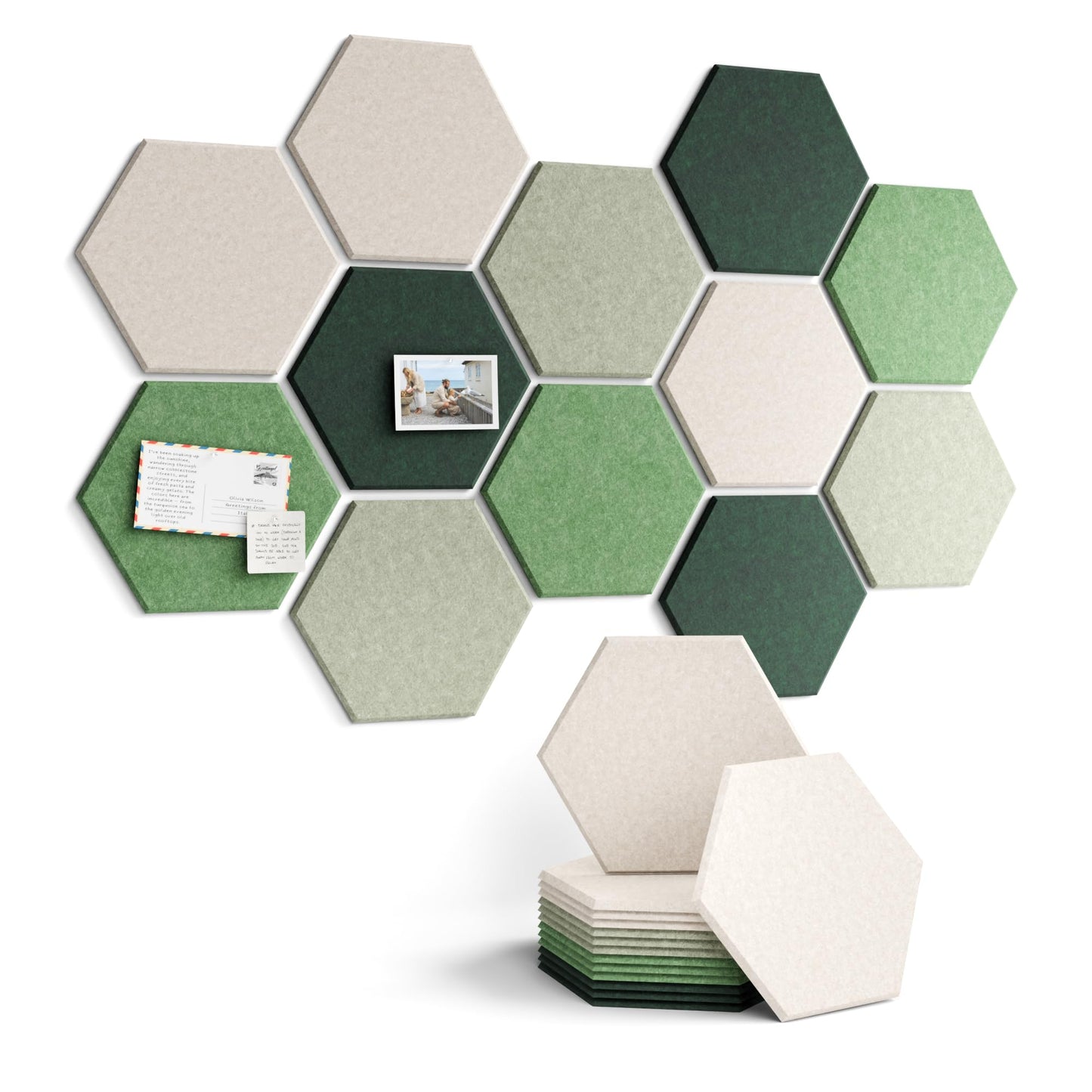 Fluxynara Hexagon Cork Board Alternative for Walls Decor-12-Pack Felt Bulletin Board Tiles,with 30 Pushpins,70 Adhesive Tabs for Office,Classrooms & Home Pin Board Felt Board-Sagewood