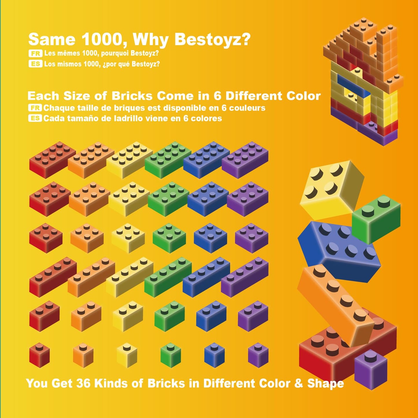 Bestoyz Building Bricks 1000 Pieces in Rainbow Colors, Classic Generic Building Blocks Toy for Boys & Girls, Educational Building Toys for Classroom, School, Toys for Kids Aged 4+