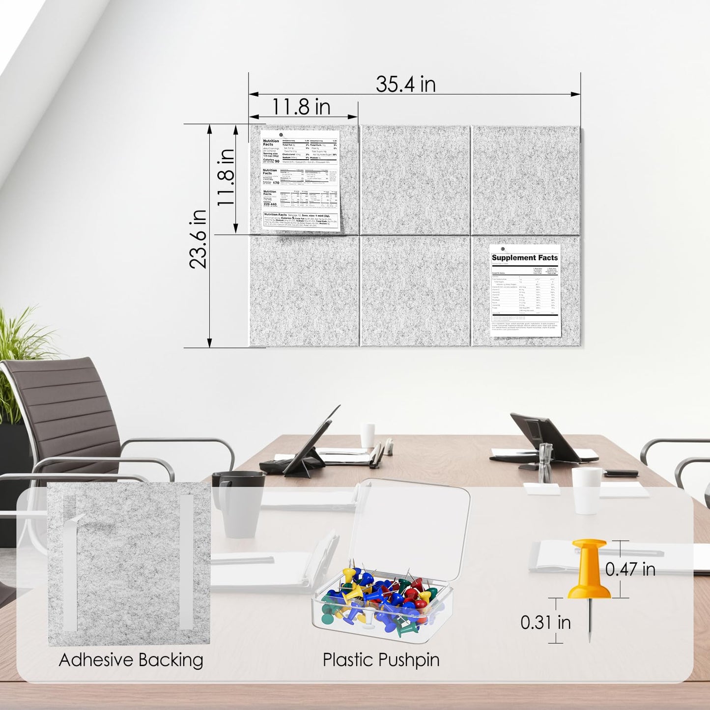 MaxGear Large Cork Board for Wall 36" x 24", Light Gray Bulletin Board, 6 Pack Felt Wall Tiles with Pushpins, Cork Boards for Office Pin Board Tack Board Cork Boards