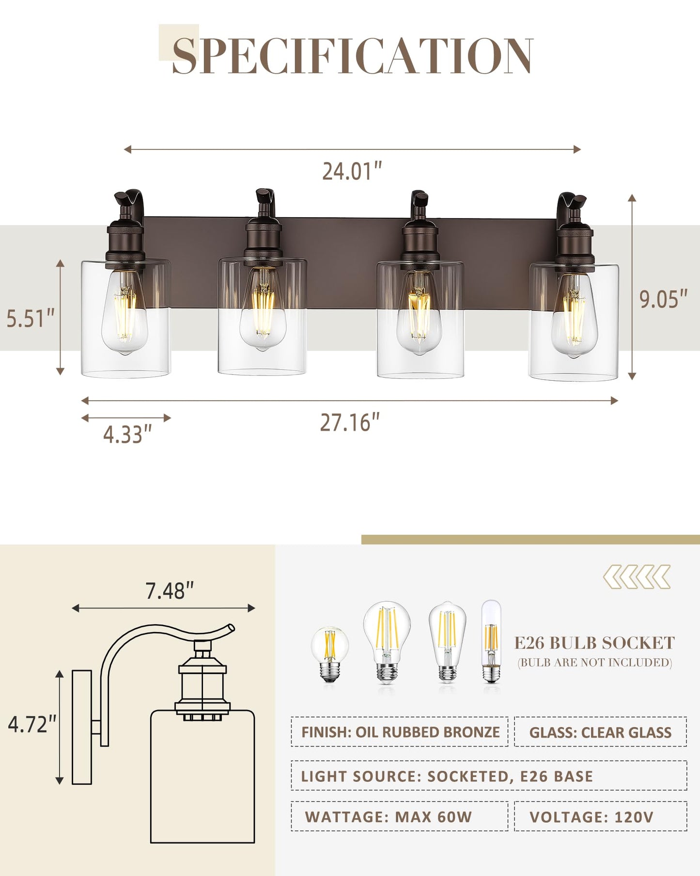JAZAVA 4 Light Bathroom Vanity Light Oil Rubbed Bronze & Clear Glass ZCVL01ORB-4