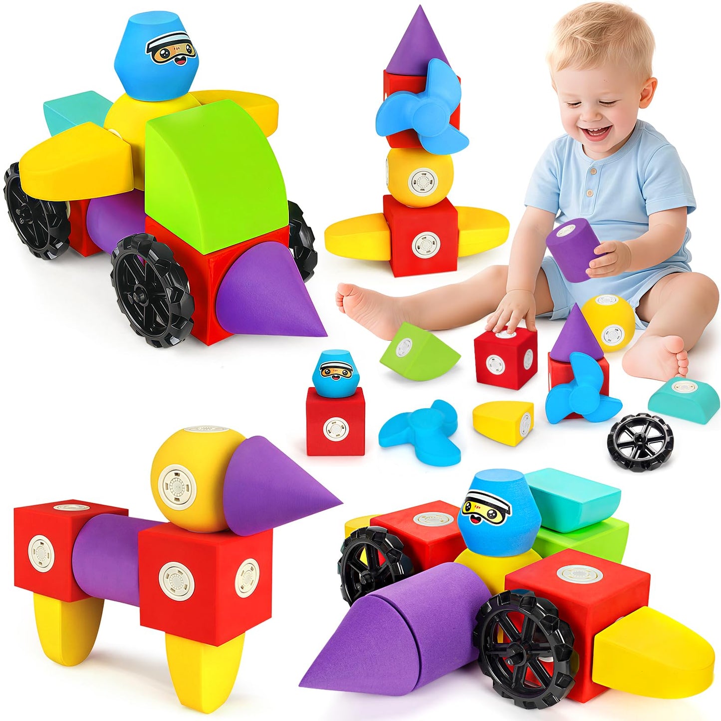 Hodurgyi 15 PCS Magnetic Foam Blocks, STEM Preschool Toys for Children, Magnetic Building Blocks for Toddlers, Kids Bath Toys and Montessori Sensory Toys, Birthday for Boys & Girls Age 3 4 5 6+