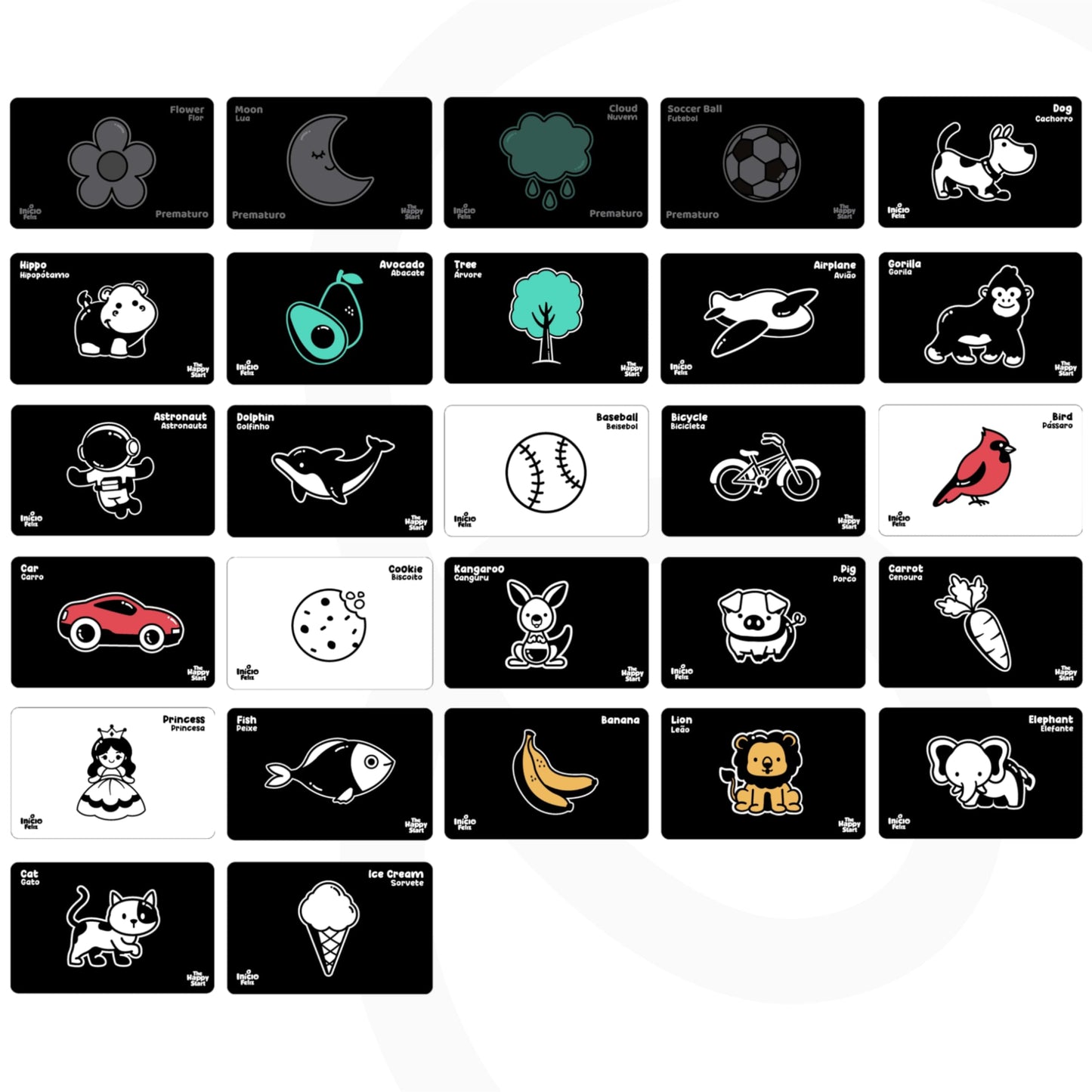 Happy Start High Contrast Baby Cards for Newborns - Black & White Cards, Water-Resistant, BPA-Free, Portable Educational Flashcards for Visual Stimulation, Award-Winning, Ages 0+(English & Portuguese)