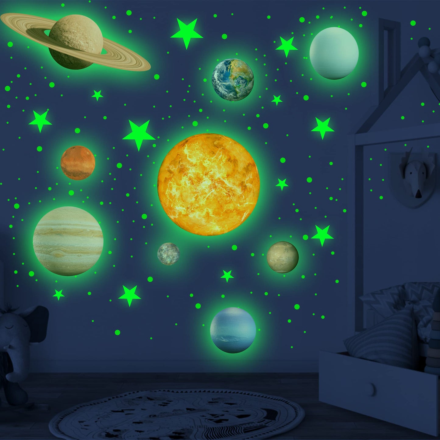 Glow in The Dark Stars Solar System Wall Stickers, Sun and 8 Major Planets Wall Decals for Bedroom, Baby Nursery Decoration for Ceiling (Green)
