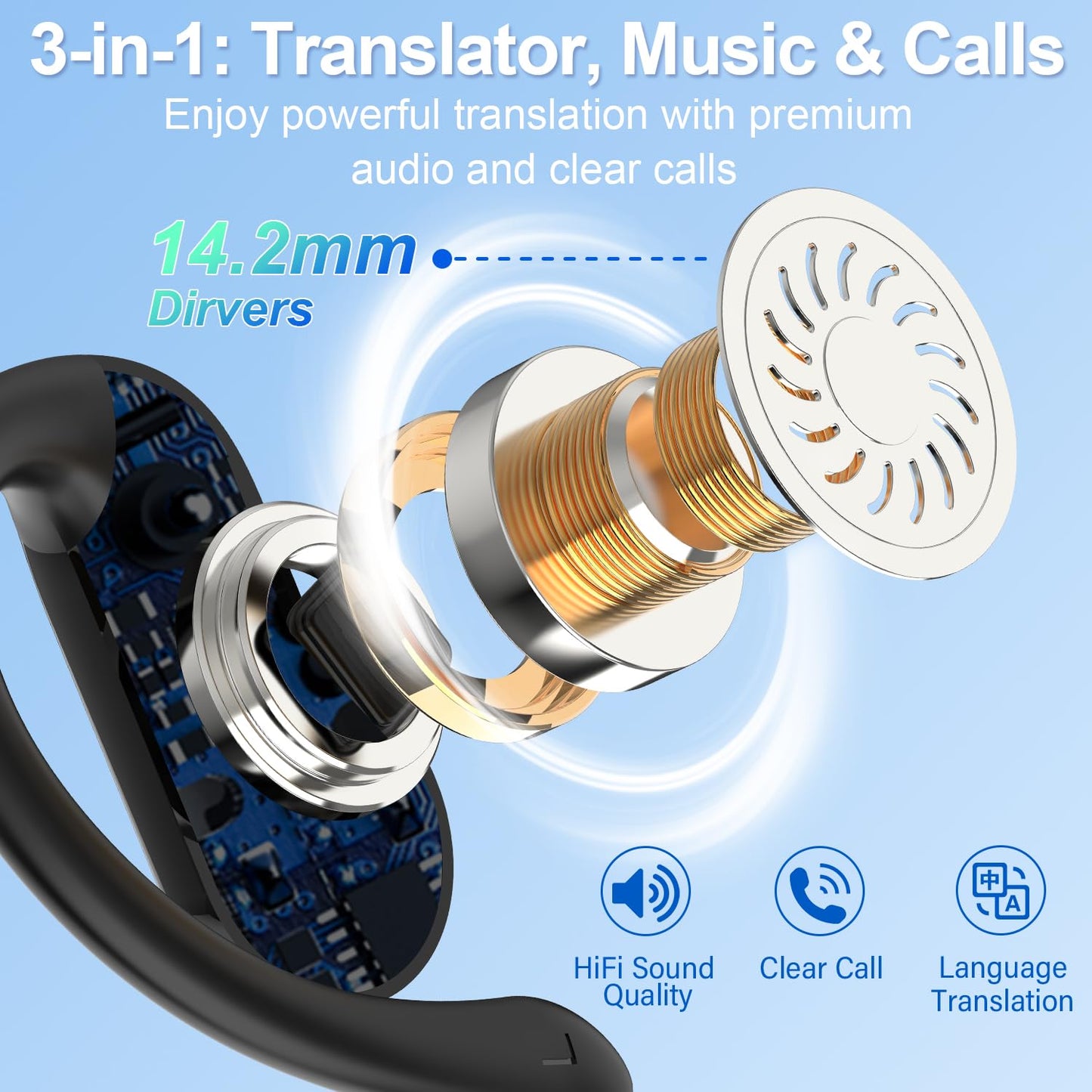 Ai Translation Earbuds Real Time,164 Languages Translator Earbuds with 6 Translation Modes/No Subscription,Audio and Video Calls Translator Headphones,Audifonos Traductores Inglés Español, Coal Black