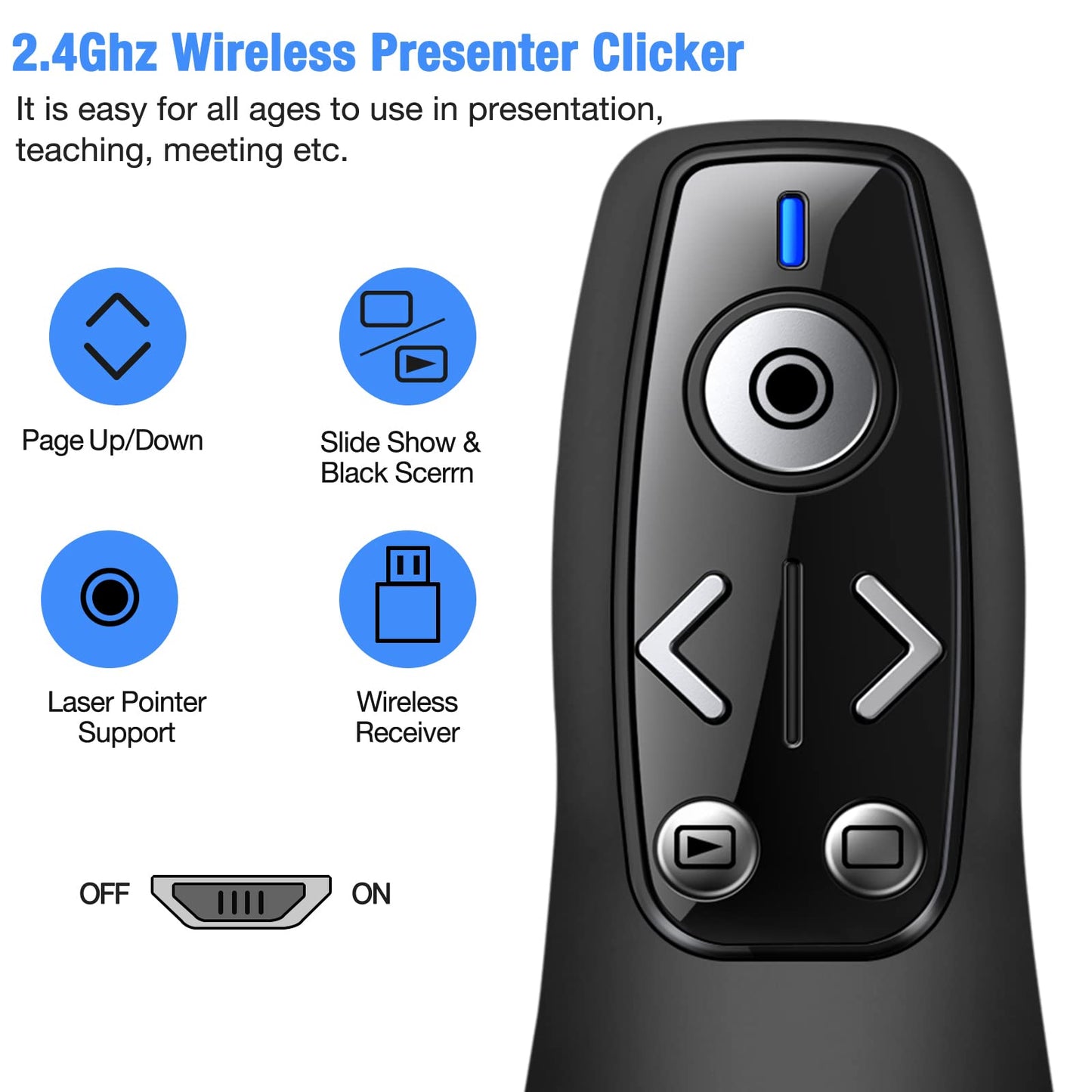 Presentation Clicker Wireless Presenter Remote for PowerPoint, RF 2.4GHz USB Powerpoint Clicker with Hyperlink & Volume Control PowerPoint Slide Advancer for Mac, Computer, Laptop