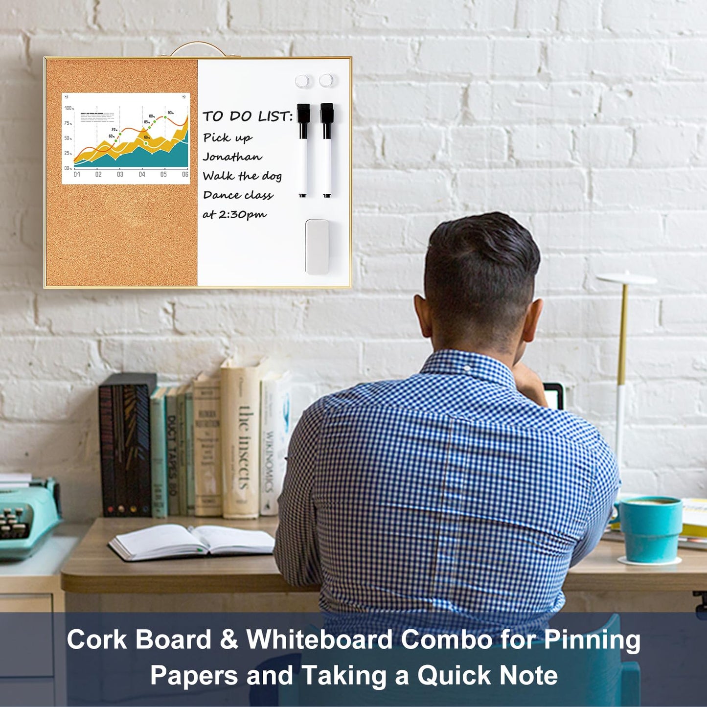 TSJ OFFICE Small Combination Board - 12" X 16" Portable Aluminum Gold Framed Magnetic Dry Erase Board for Wall, Small Bulletin Cork Board with Holder for Office, Home and School