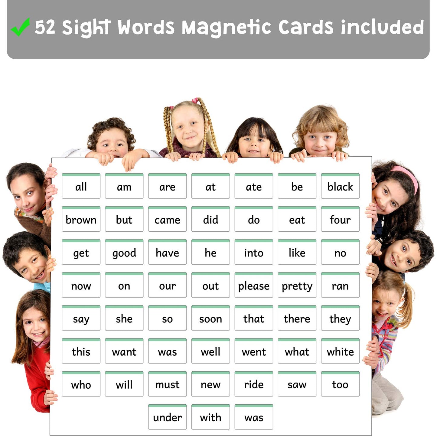 Attractivia Kindergarten Sight Words Magnetic Flash Cards - 52 Sturdy Large Dolch Cards for Literacy of Beginning Readers, Homeschool, Teachers and ESL