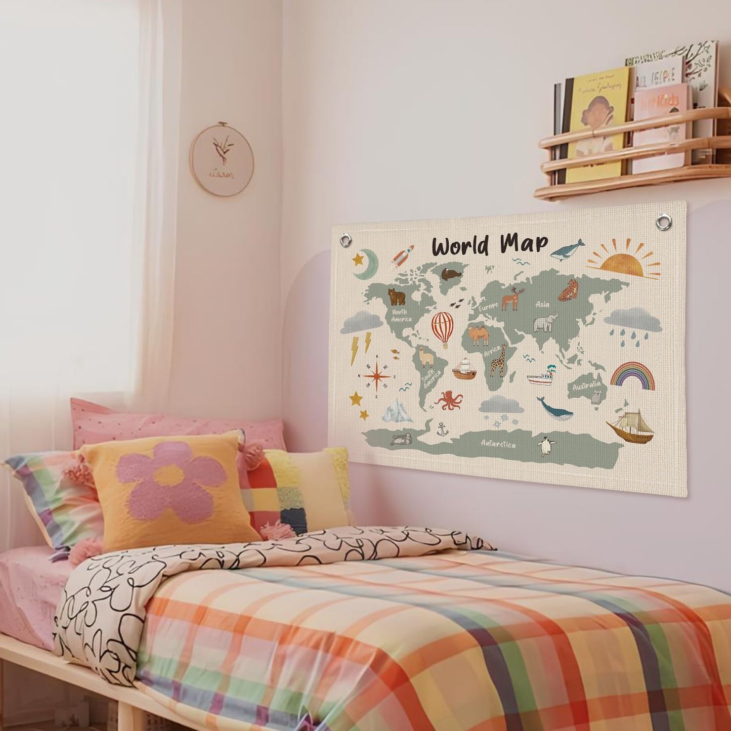 Wheatwin World Maps for Wall, Kids World Map Banner, Cute Animal World Map Educational Tapestry Wall Hanging Banner Flag Decor for Kids Room Classroom Playroom