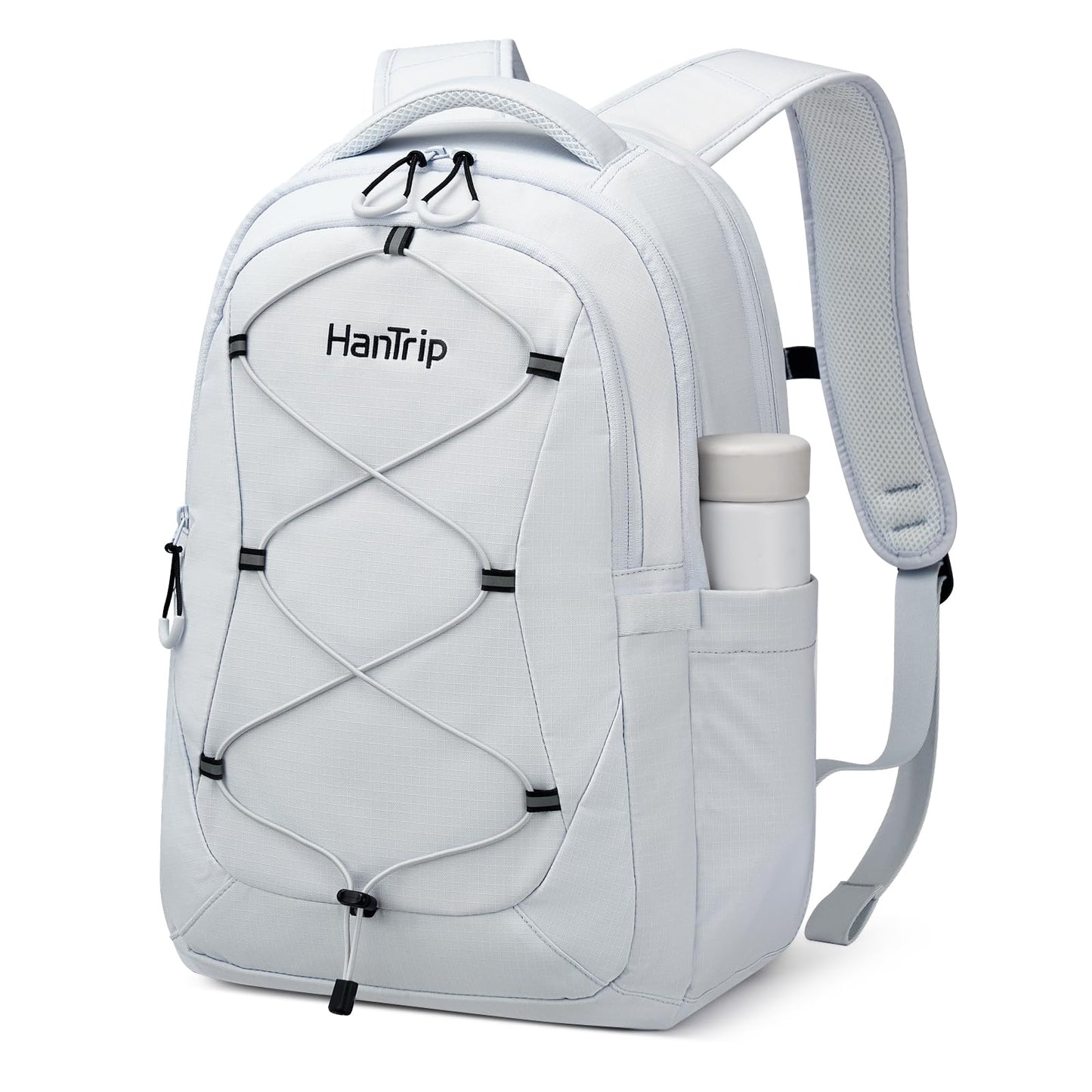 HanTrip Travel Laptop Backpack for Women Men, Large Work Backpack for Commuter College School Book Bags, Reflective Water Resistant Backpack with Luggage Strap Bottle Pocket Chest Strap, Glacier White