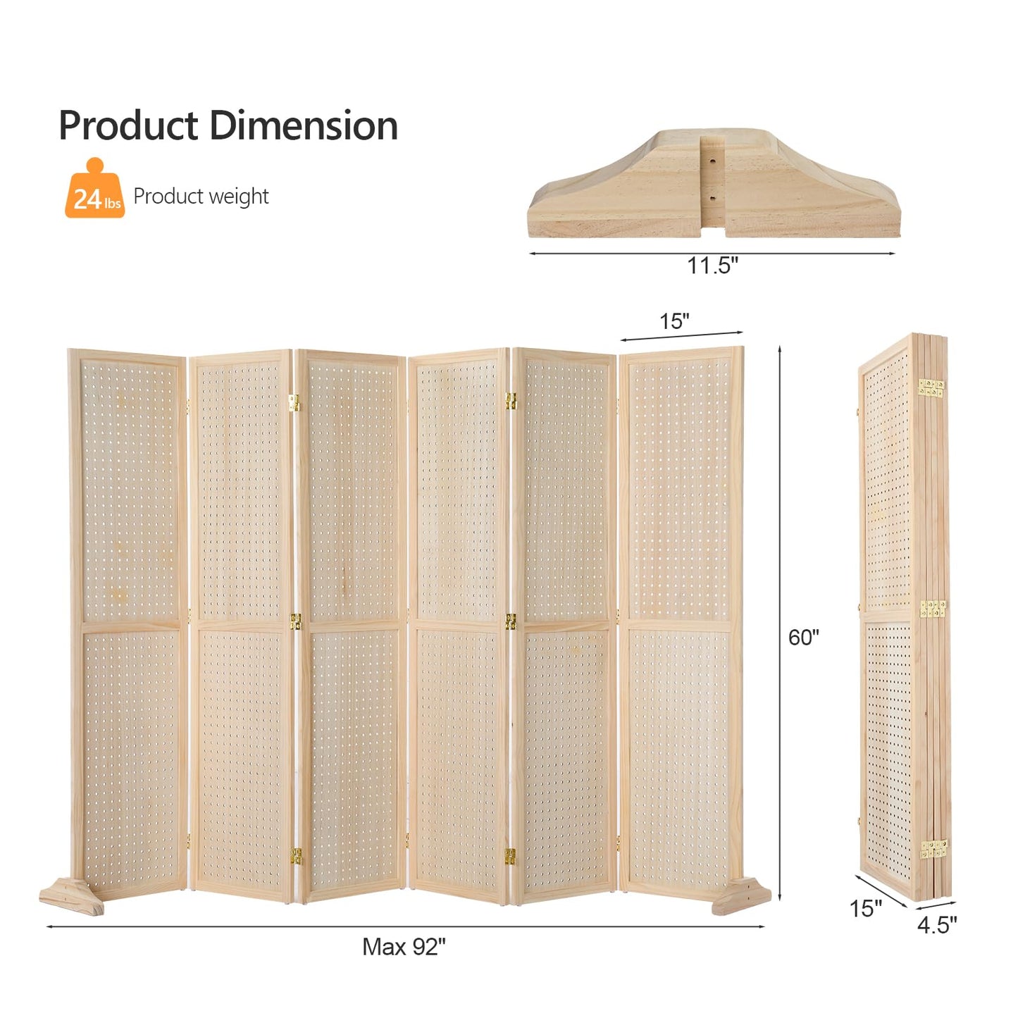 Bonnlo 4/6 Panel Pegboard Freestanding, 5 FT Portable Display Board Organizer for Craft Show Jewelry, Wooden Folding Privacy Screen Room Divider (Natural, 6 Panel with Base)