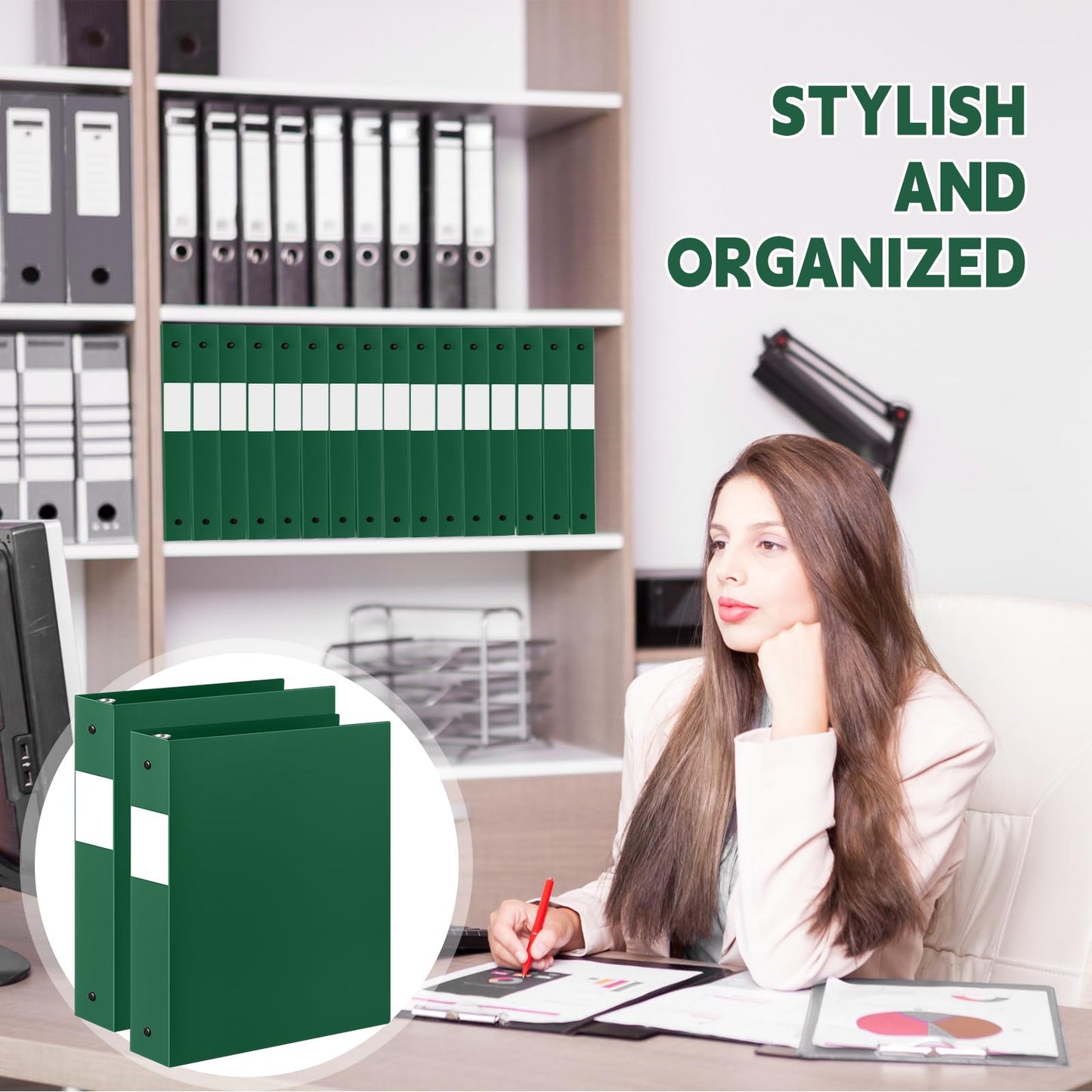 Henoyso 24 Pcs Dark Green 1.5" 3 Ring Plastic Binder Bulk, 1 1/2 Inch Soft Flexible Binders Round Rings, Fits Letter Size 8.5'' x 11'' Paper, Holds 350 Sheets, for School Office (1.5 Inch)
