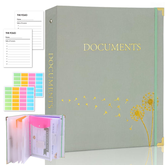 XKDOUS Important Document Organizer with 9 Pockets, Aesthetic Folio Folders 3-Ring Accordion Storage Binders Linen Expanding File Folder for Letter Size Papers, Documents, Files