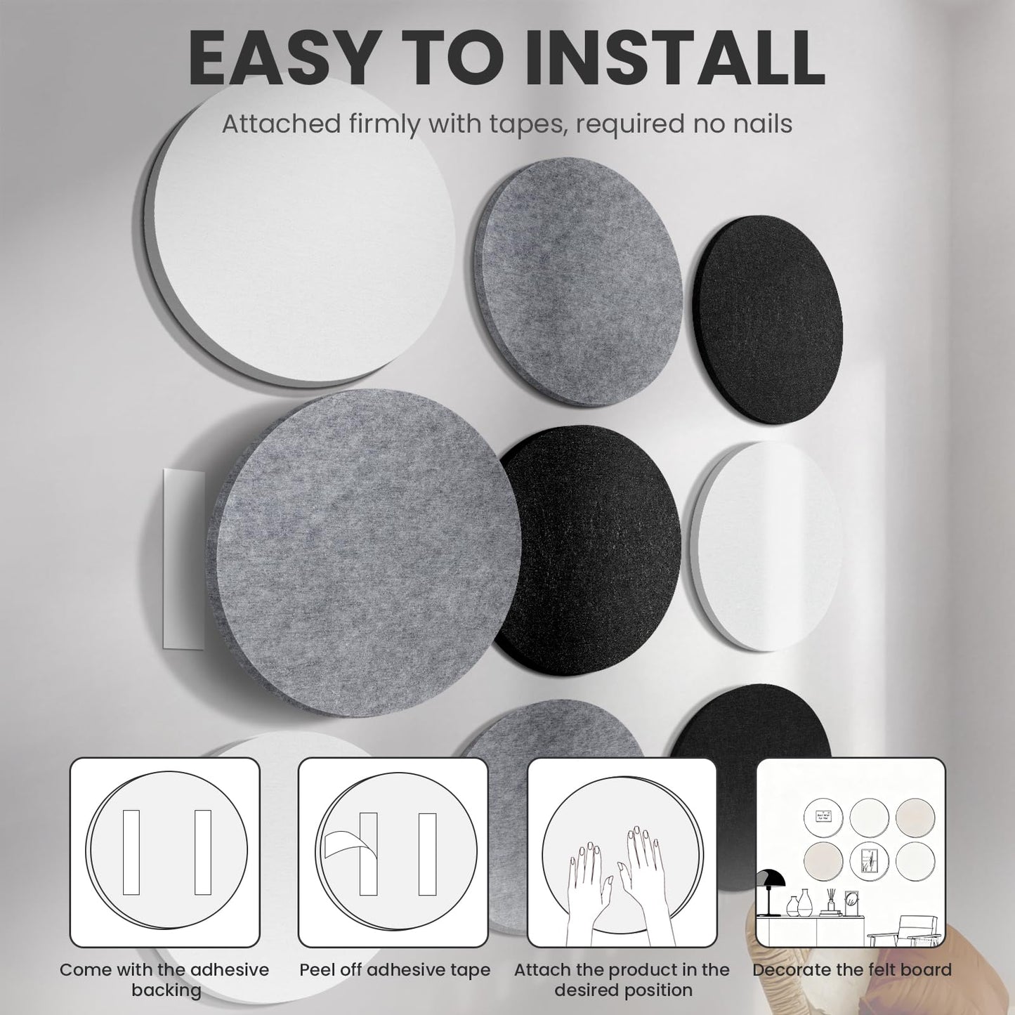 Bulletin Board, 11.8'' X 11.8'' Cork Board Alternative, 9 Pack Round Felt Board with Pushpins, Decorative Felt Notice Vision Board Photo Display Board for Office Home School Wall