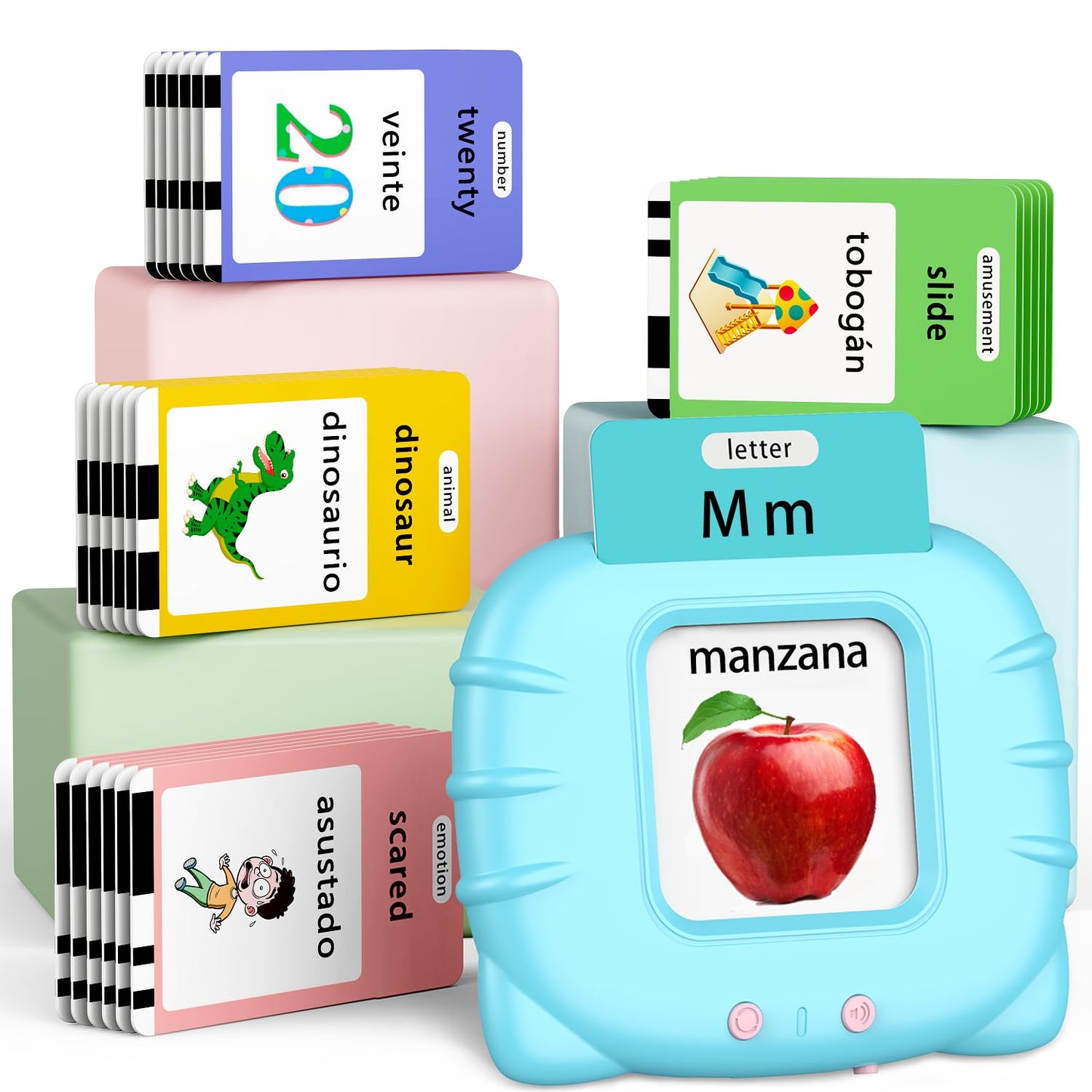 Eaever Spanish English Bilingual Learning Toys, ABC Talking Flash Cards with 520 Sight Words, Autism Pocket Speech Toys, Toddler Toys for 2 3 4 5 6 Year Old, Easter Present Birthday Gift, Blue