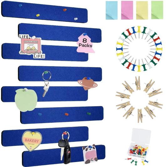 Vuzvuv 8 pcs Bulletin Board Bar Strips with 50 Pushpins & 10 Wooden Clip pins，Self Adhesive Cork Board for Wall，Felt Pin Board for School，Office Decor(Dark Blue)