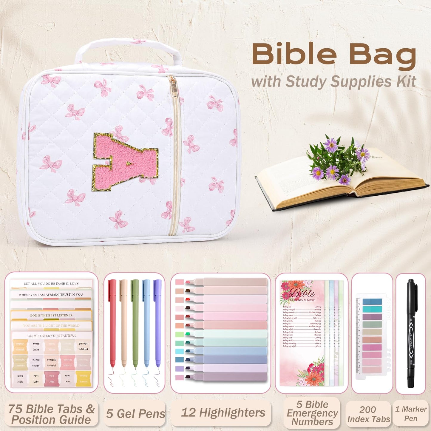 XKDOUS Bible Cover for Women Quilted Bible Bag Church Book Carrying Case with Letter A, Handle, Study Supplies Organizer Portable Church Book Carrier Christian Gifts for Mom, Lady