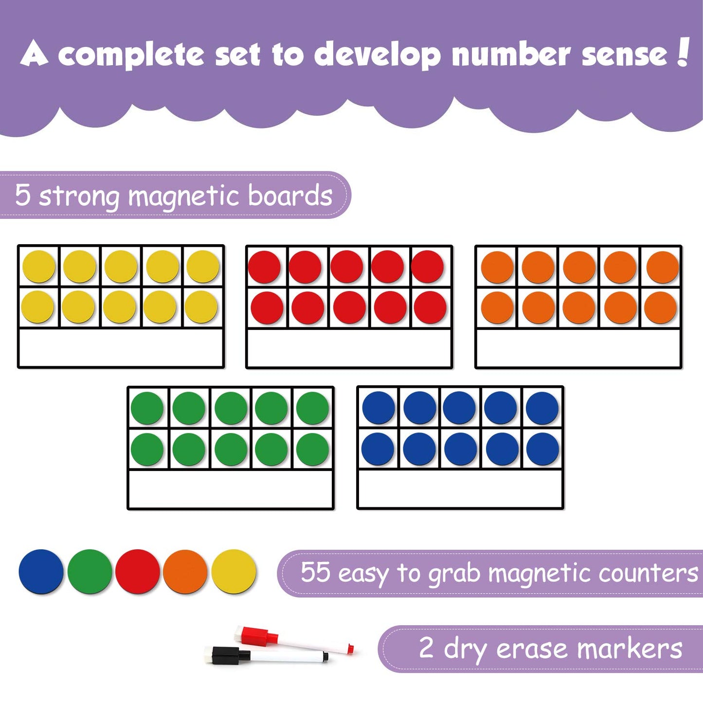 Torlam Magnetic Ten-Frame Set - Math Manipulative for Elementary - 5 Ten Frames & 55 Magnetic Counters for Kids, Kindergarten Math Games (Upgraded Version for Hand-held & 2 Black Pens)