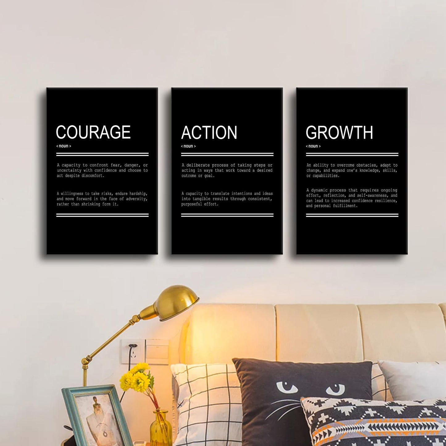 YSPCSUN Triptych Wall Decor Inspirational Posters for Office, Black White Courage Action Growth Quote 3 Panel Canvas Prints for Home Office Dorm Classroom, 48x24 Inch Display