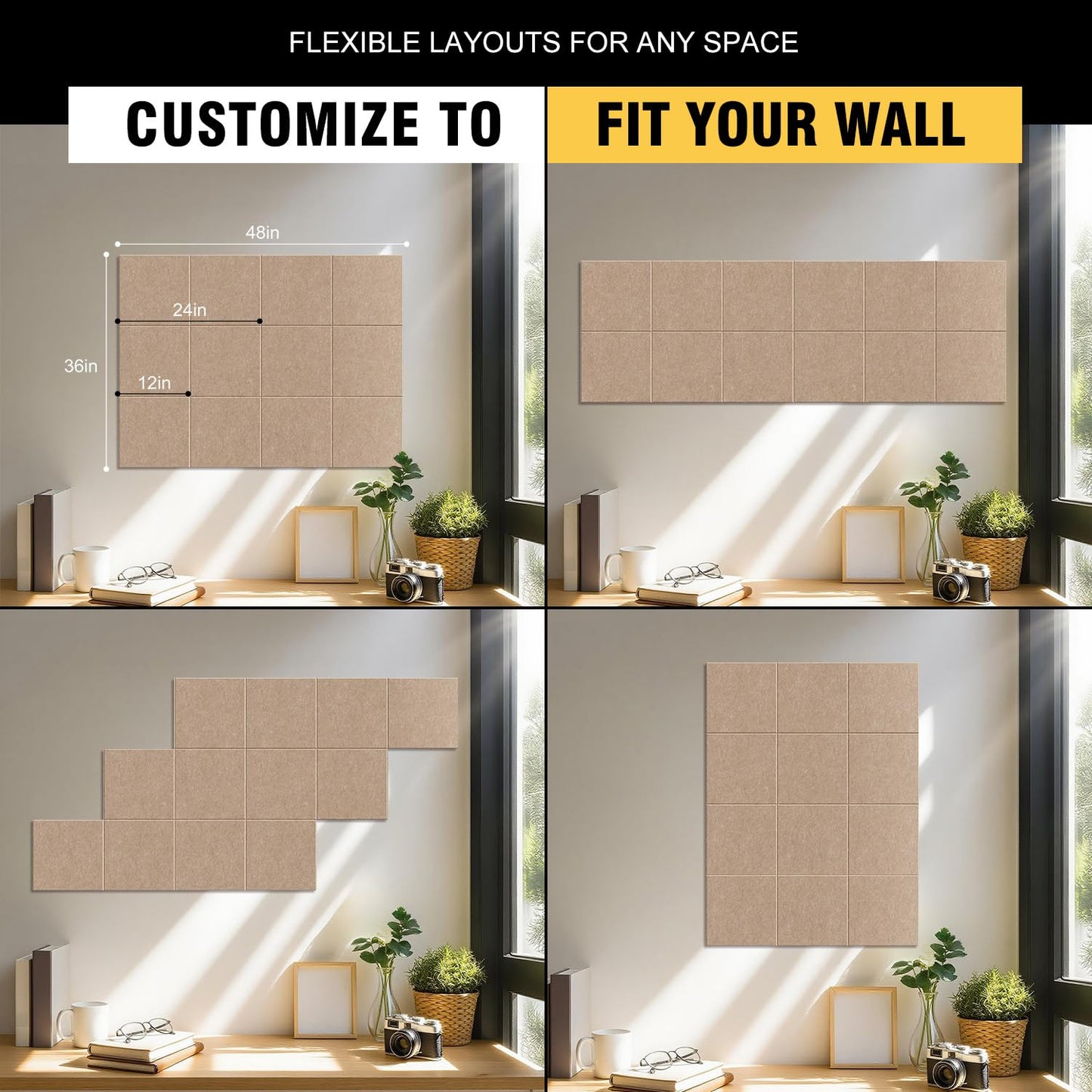 TSJOFFICE Large Cork Board for Wall - 48" x 36" Bulletin Board with 50 Pushpins for Office Decor, Pin Board 12 Pack Felt Wall Tiles with Safe Removable Adhesive Tabs, Corkboard for Home - Dark Camel