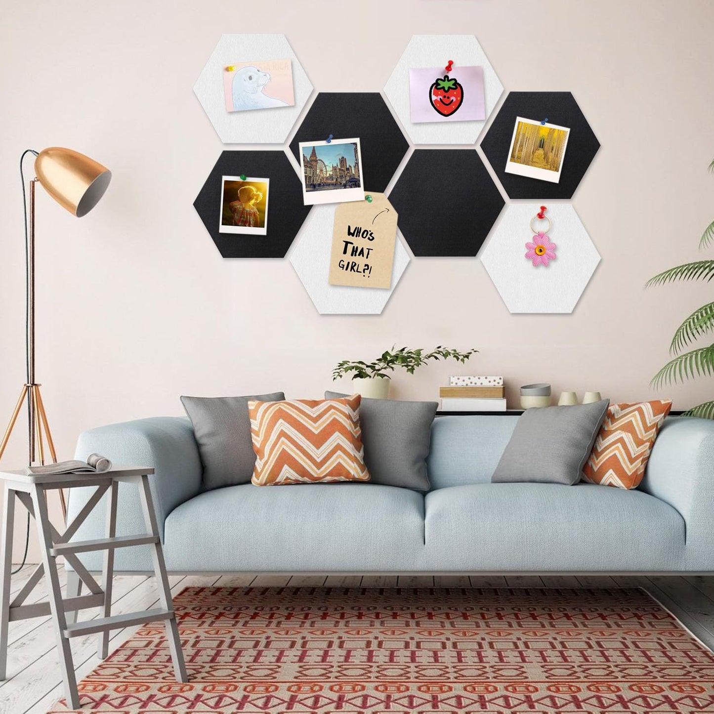 8 Packs Black White Hexagon Felt Pin Board, 12" Bulletin Board with 30 Push Pins, Felt Board for Home Kitchen Office Decor, Self-Adhesive Corkboard Tiles for Walls Message Photos Memos Display