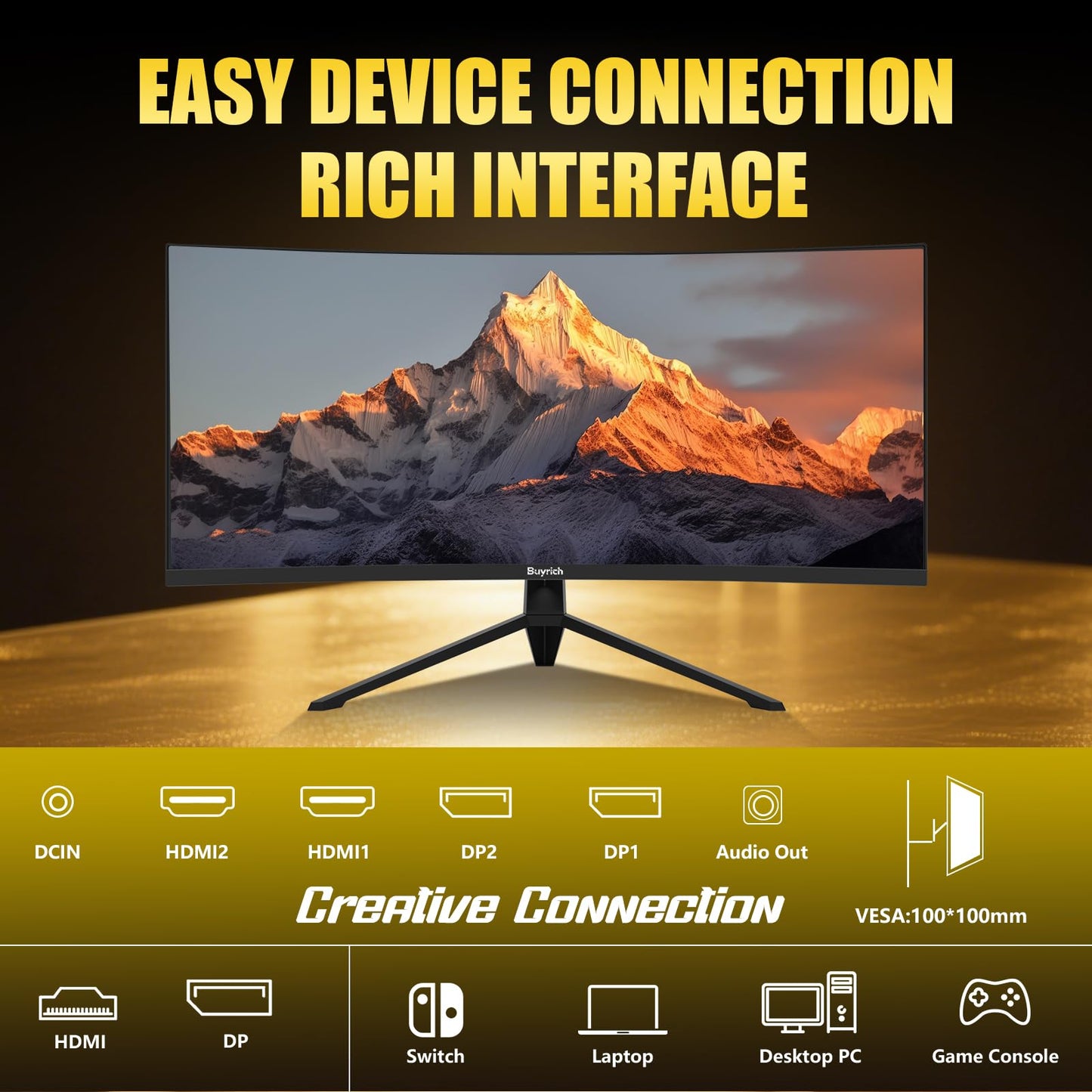 BUYRICH 34 Inch Curved Gaming Monitor, 240Hz Refresh Rate, UWQHD (3440x1440), 1500R, 1ms MPRT, 4000:1 Contrast Ratio, Sturdy Metal Stand, VESA Mountable, for PC Gamer and Immersive Gameplay