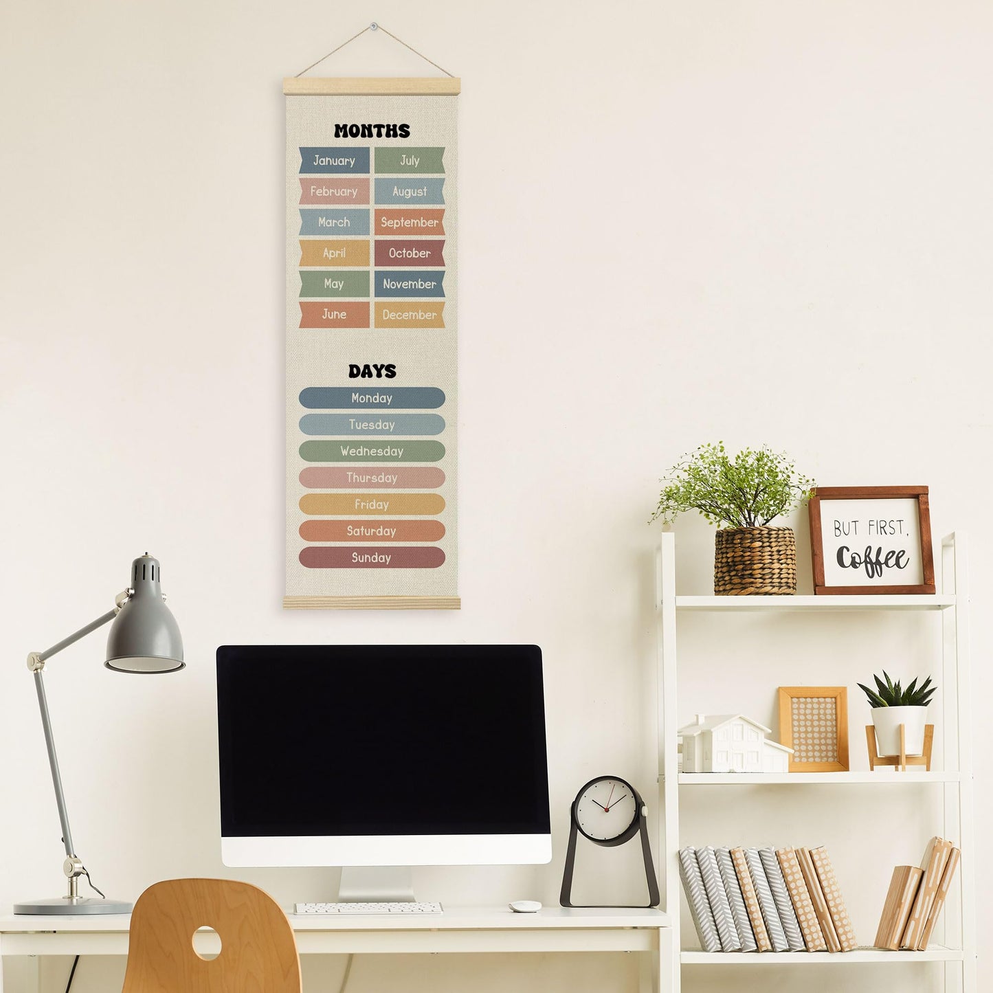 TLESKE Months of the Year Days of the Week Classroom Wall Art Poster, Educational Wall Decor Hanging Poster with Hanger Frame for Classroom, Toddlers Kids Wall Prints Picture Framed Banner, 12x35