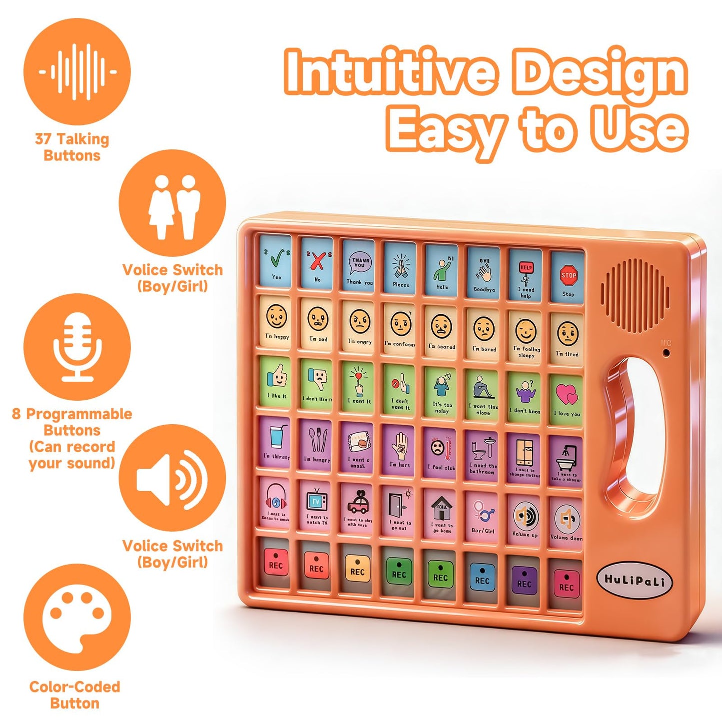 AAC Device for Autism with Grip Handle - 40 Pre-Installed Buttons & 8 Programmable Keys, Non-Verbal Communication Tool for Speech Therapy, Stroke Rehab & Aphasia, Adjustable Volume Talking Aid